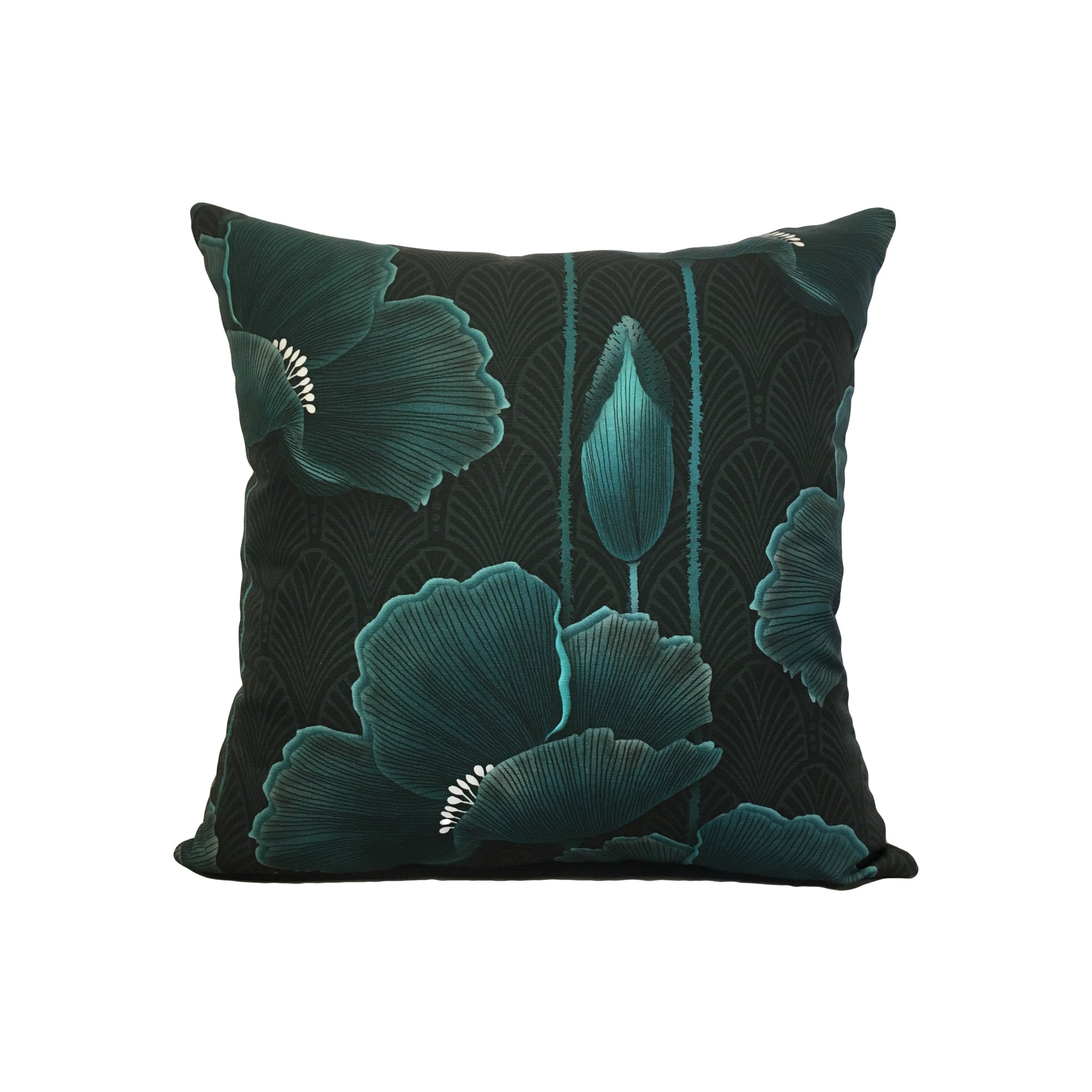 Art Deco Poppies Teal Throw Pillow 17x17 - Stylish Home Decor for Living Room, Bedroom & Sofa - Soft Square Cushion Cover for Modern Interior Design