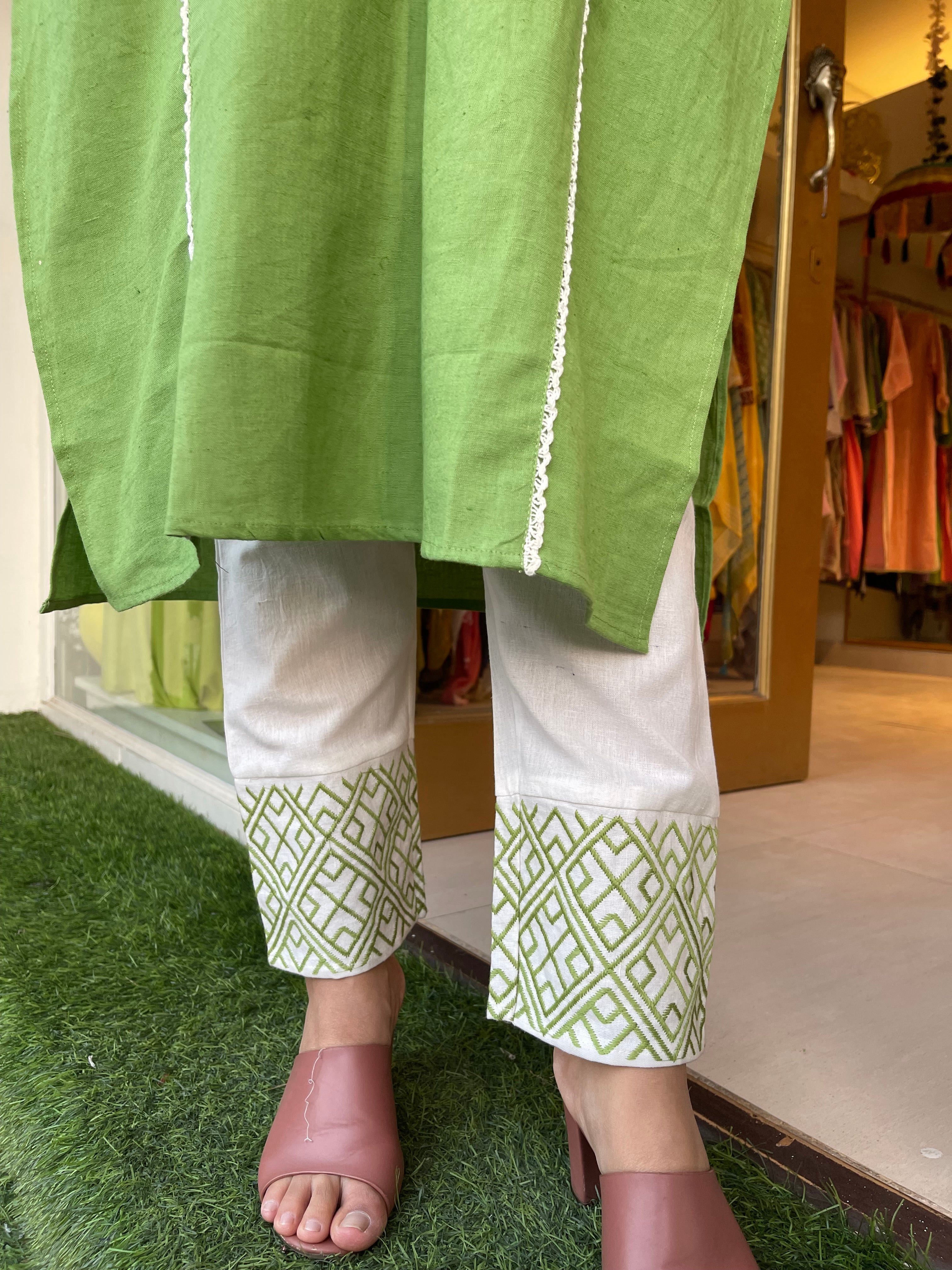 Stylish Green Embroidered Kurta Set with Cross Design - Perfect for Festivals, Weddings & Ethnic Fashion