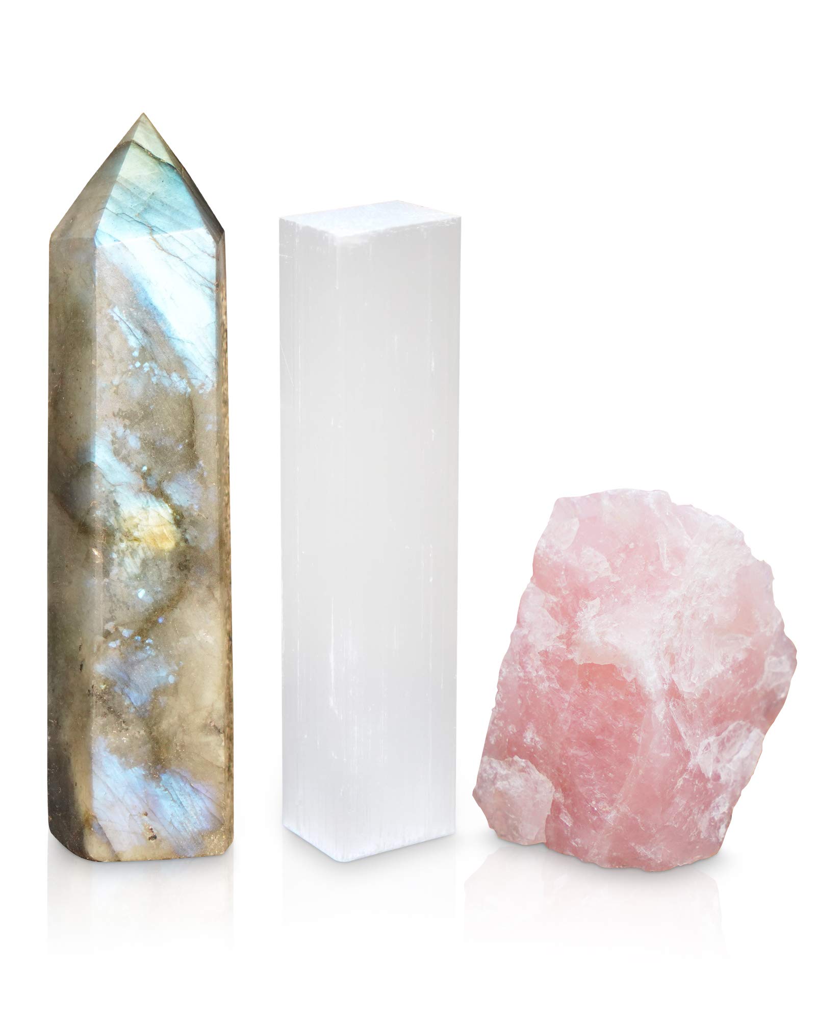 Natural Healing Crystal Wand - Labradorite, Raw Rose Quartz & Selenite for Chakra Balancing, Meditation & Energy Cleansing | Spiritual Wellness & Holistic Therapy Tool