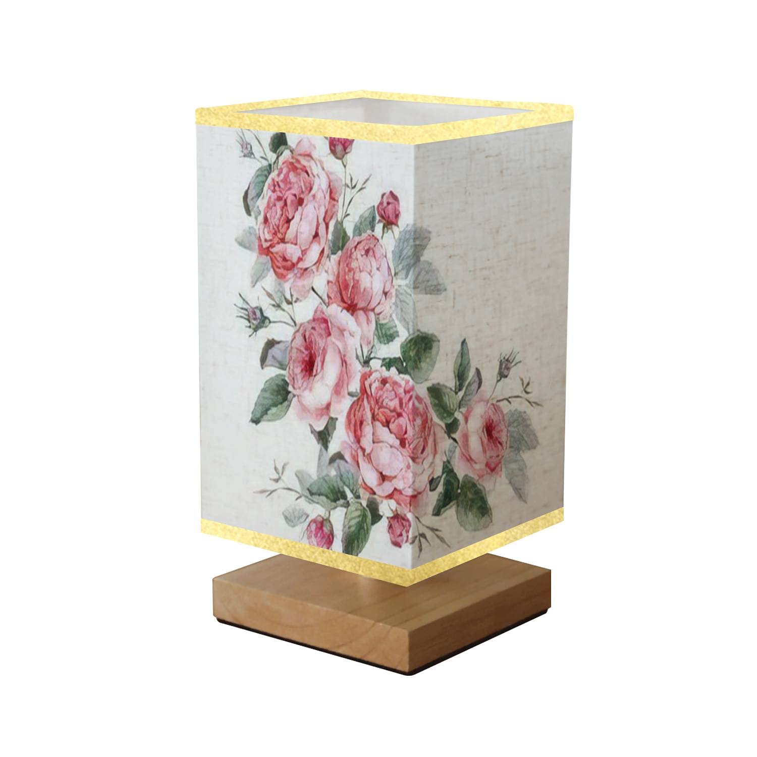 Vintage Floral Watercolor Bouquet Square Bedside Table Lamp with English Wooden Base & Flaxen Fabric Shade - Dimmable Nightstand Lamp for Bedroom, Living Room, Office | Perfect for Reading, Relaxing & Home Decor