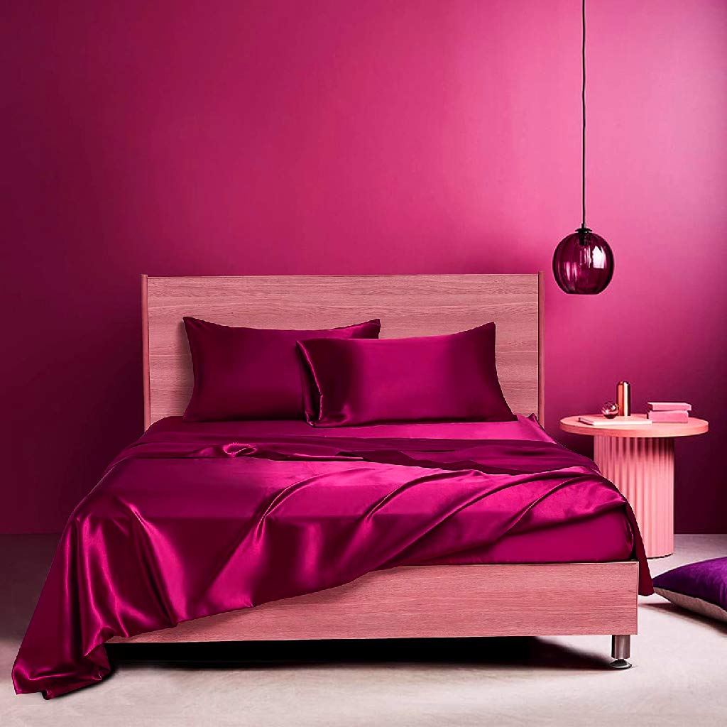 Luxury 6-Piece Pink Silk Satin Bed Sheet Set - Full XL Size (Flat Sheet, Fitted Sheet with 17
