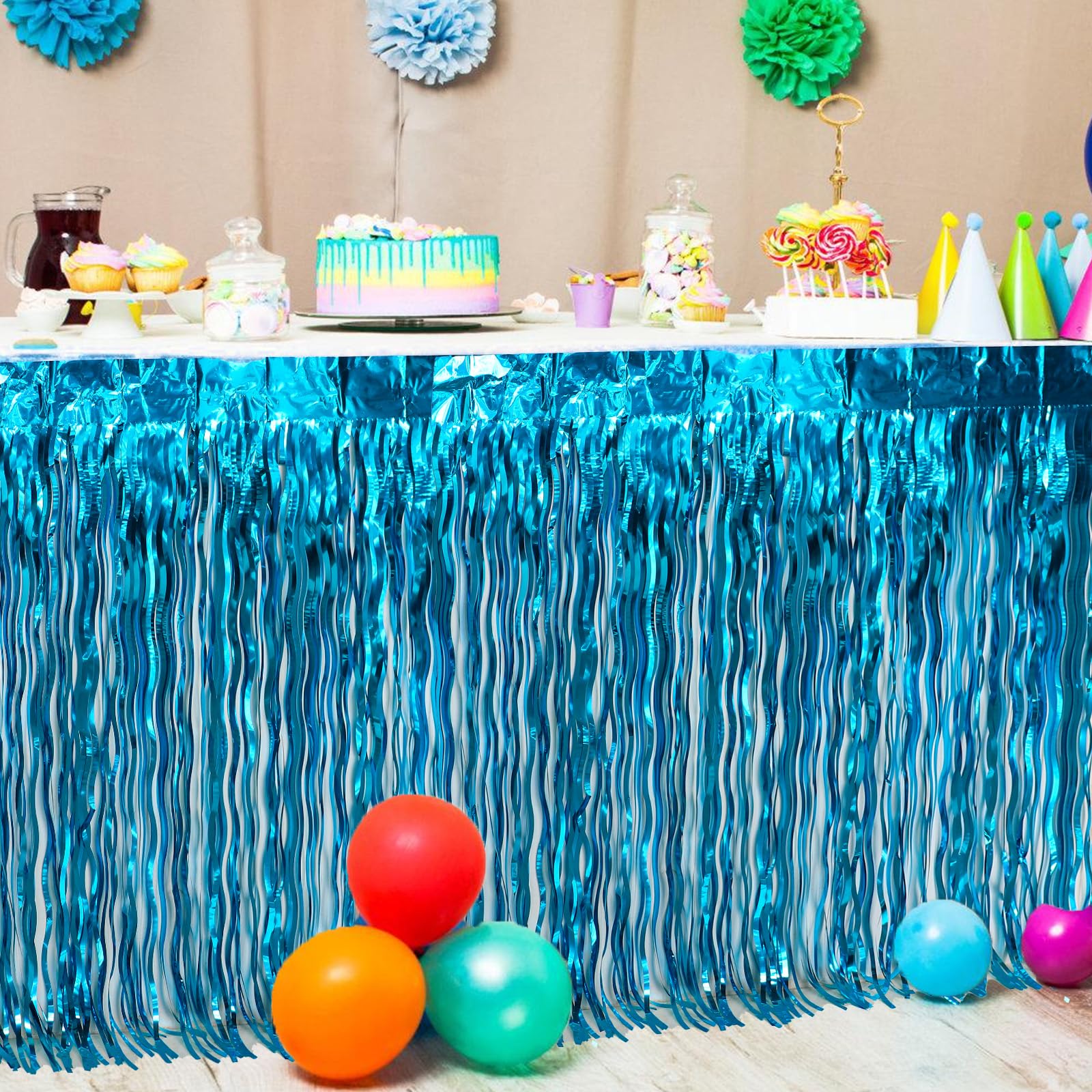 2 Pack Blue Wavy Foil Fringe Table Skirt - Under The Sea Party Decorations for Summer Beach, Mermaid Birthday & Ocean Baby Shark Theme Parties (X-Large, MG183) | Perfect for Kids Birthday Decor, Baby Showers & Poolside Celebrations