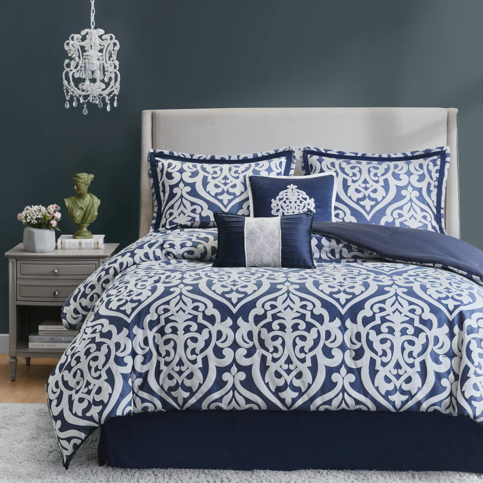 Madison Park Tesla Cozy Comforter Set - Jacquard Damask Medallion Design All Season Down Alternative Bedding | 6-Piece Set with Shams, Bedskirt & Decorative Pillows | California King Size in Navy Blue | Perfect for Master Bedroom, Guest Room & Luxury Hotel Decor