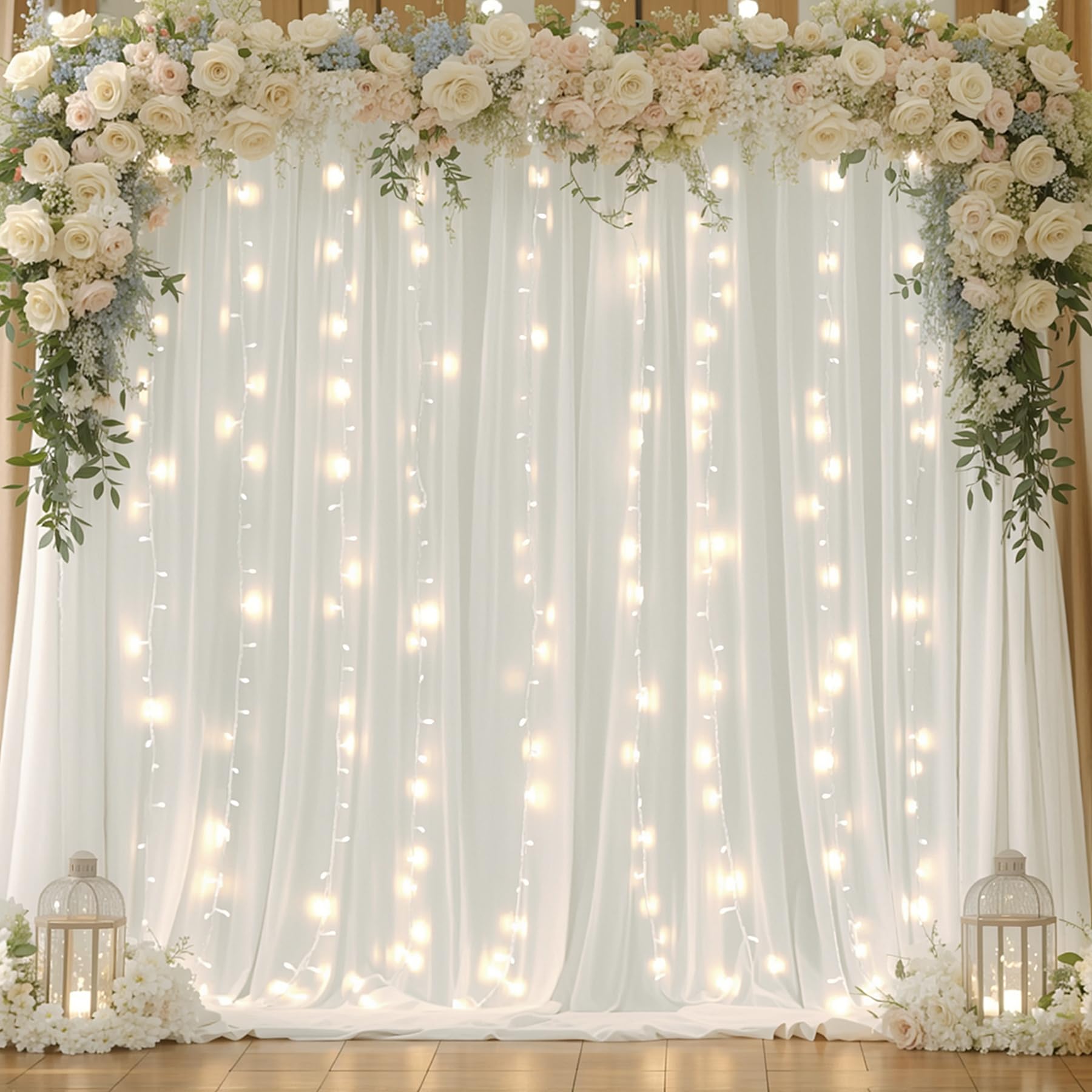 10x10ft Cream White Chiffon Backdrop with Fairy Lights - Elegant Wedding Decor, Baby Shower, Bridal Shower, Birthday Party & Reception Photo Backdrop - Perfect for Indoor/Outdoor Events & Photography Studio Background