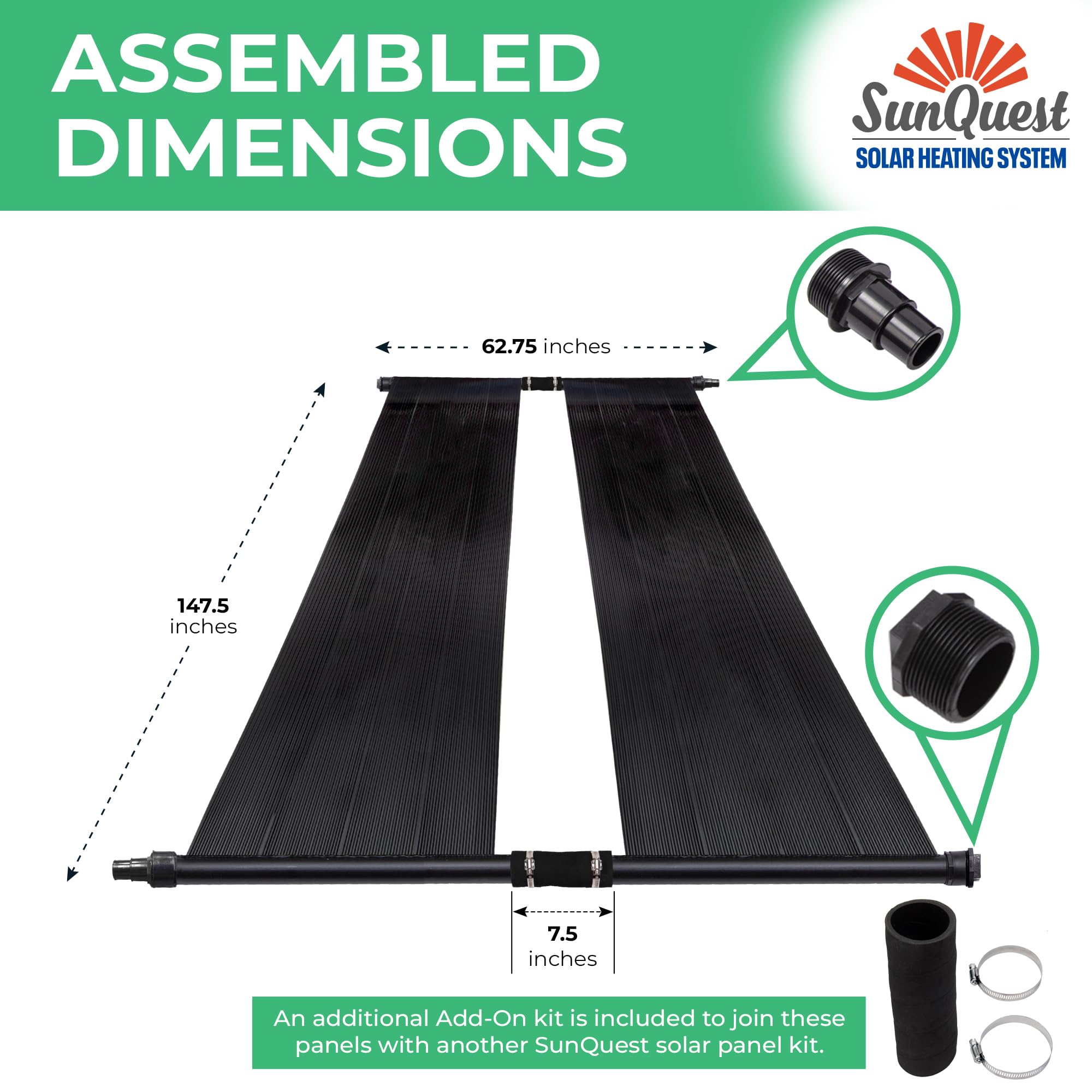SunQuest Solar Pool Heater Panels - 2 Pack (2ft x 12ft) Solar Water Heating Collectors with Installation Kit - for Above Ground & Inground Swimming Pools - DIY Polypropylene UV-Resistant Panels | Extend Swimming Season & Reduce Energy Costs