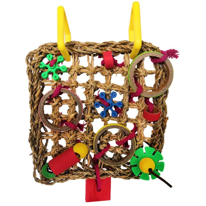 Colorful Woven Seagrass Parrot Climbing Net - Chewable Hanging Bird Toy with Hemp Rope Swing & Play Ladder - Durable Foraging Toy for Parakeets, Cockatiels & Conures - Perfect for Cage Enrichment & Playtime Activities