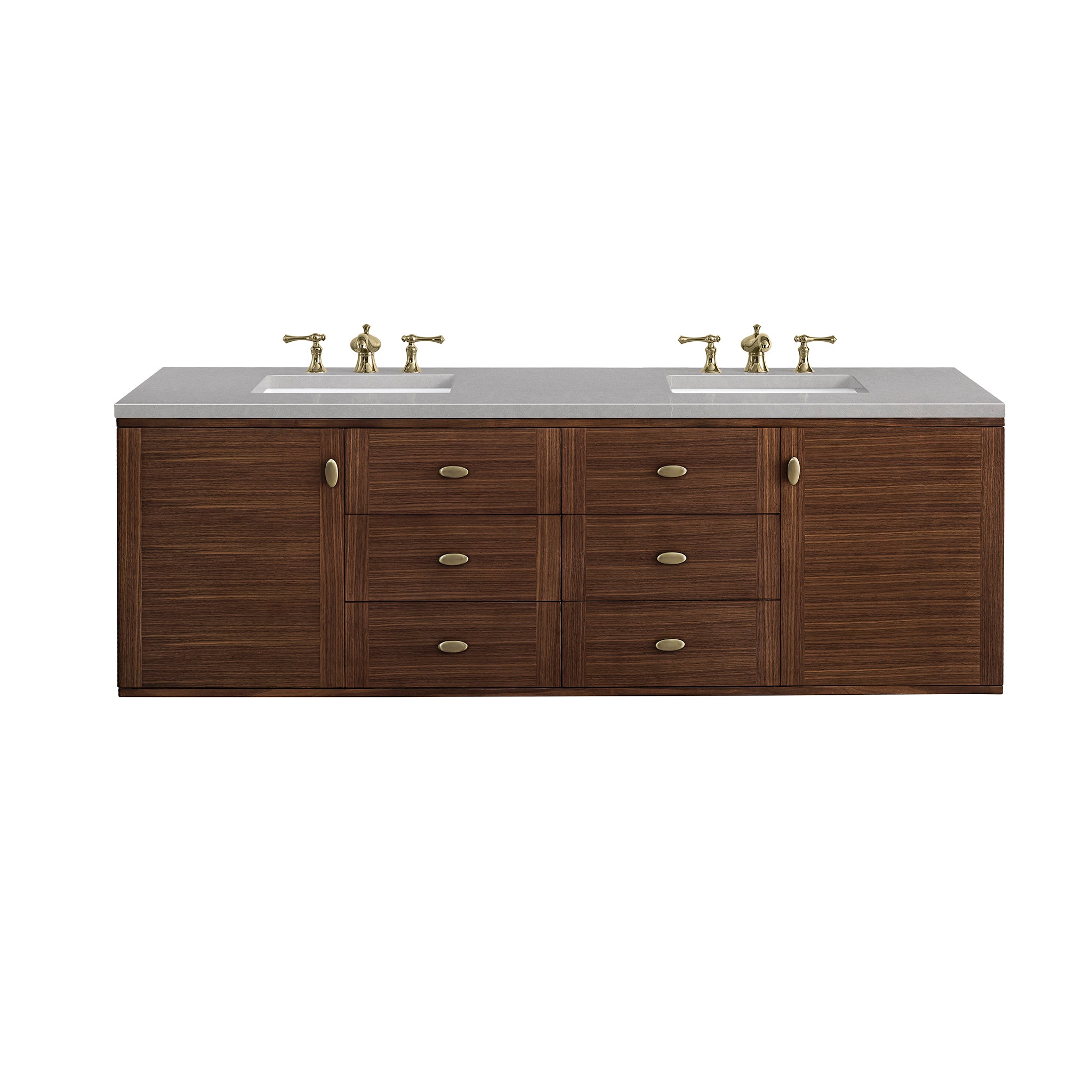 Amberly 72 Inch Double Sink Bathroom Vanity - Mid Century Modern Walnut Finish with 3CM Eternal Serena Quartz Top - Perfect for Master Bathroom or Guest Bath Remodel