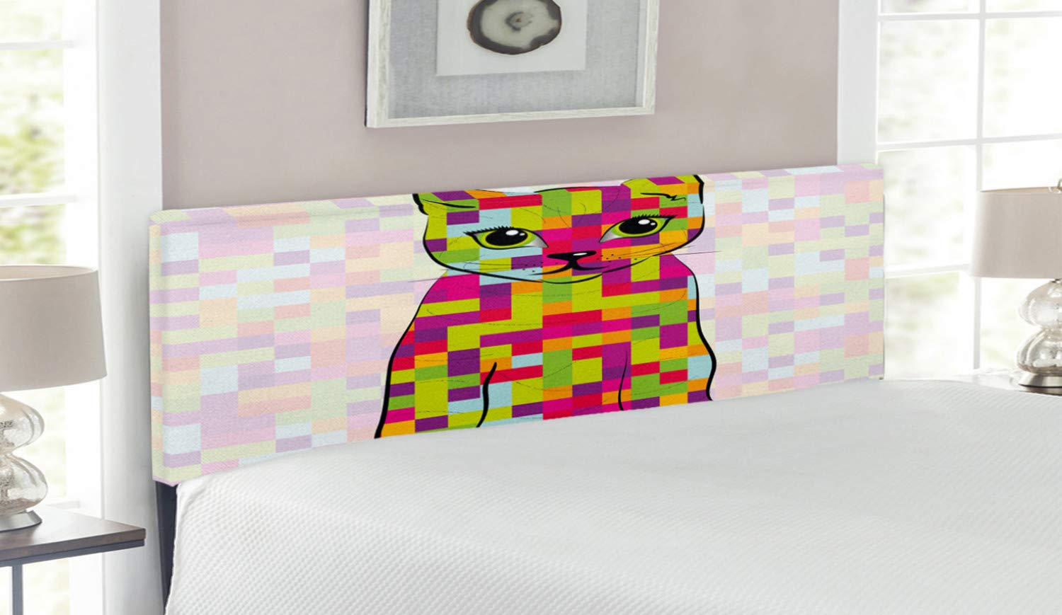 Ambesonne Modern Upholstered Headboard - Queen Size Kitty Cat Digital Fractal Pixel Design with Memory Foam | Colorful Decorative Metal Bed Headboard for Bedroom Decor | Perfect for Contemporary Home & Guest Room Styling
