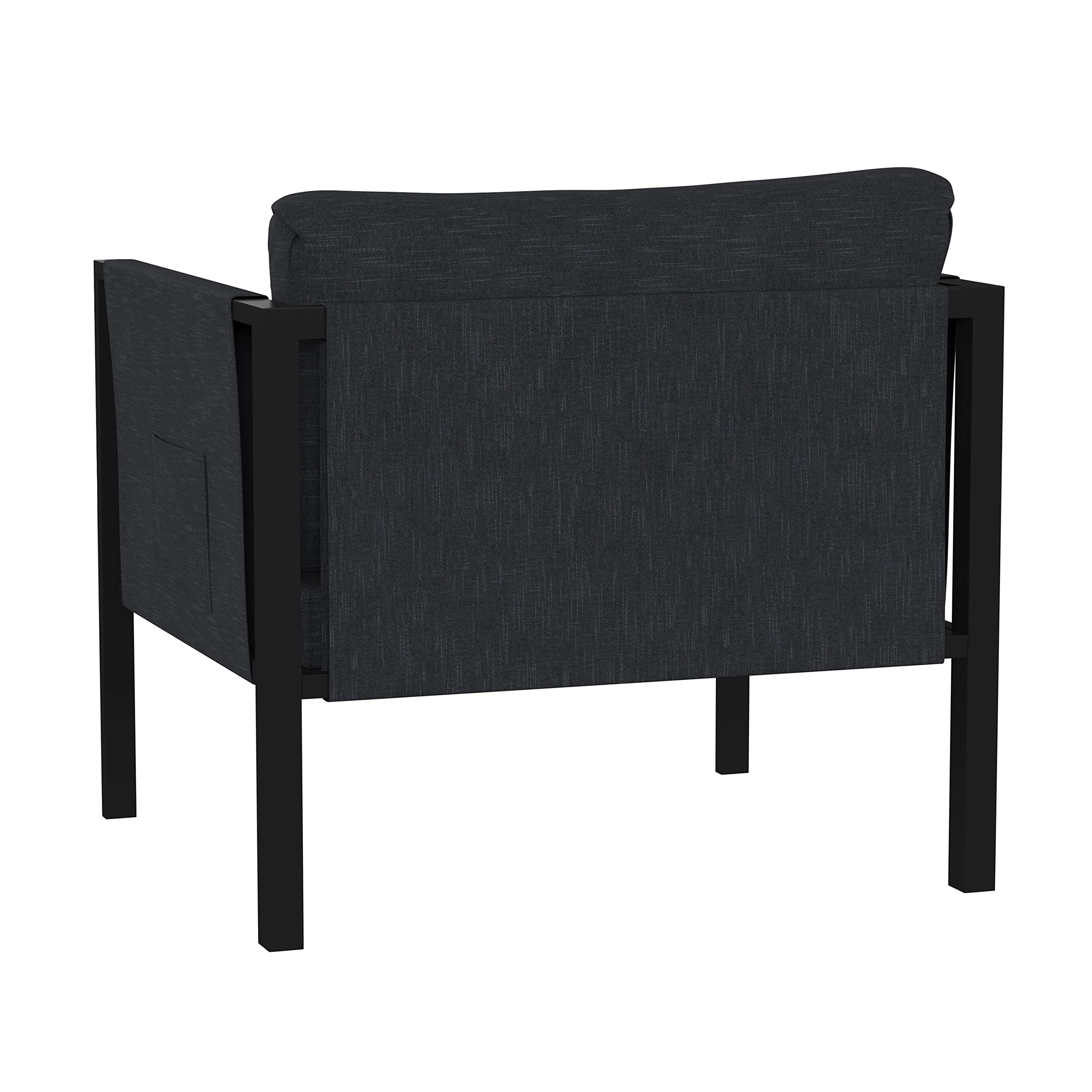 Flash Furniture Lea Indoor/Outdoor Patio Chair with Cushions - Modern Steel Frame, Storage Pockets, Black with Charcoal Cushions - Perfect for Backyard, Poolside, Garden & Balcony Relaxation