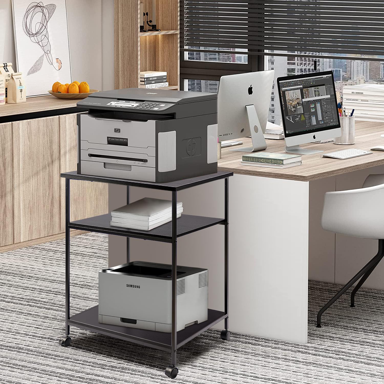 EMERIT Heavy Duty 3-Tier Adjustable Printer Stand Cart with Lockable Wheels - 23.6x18.9x31.5 Inches for Laser/Inkjet/All-in-One Printers, Scanners, Fax Machines & Office Supplies - Perfect for Home Office, Workspace & Industrial Use