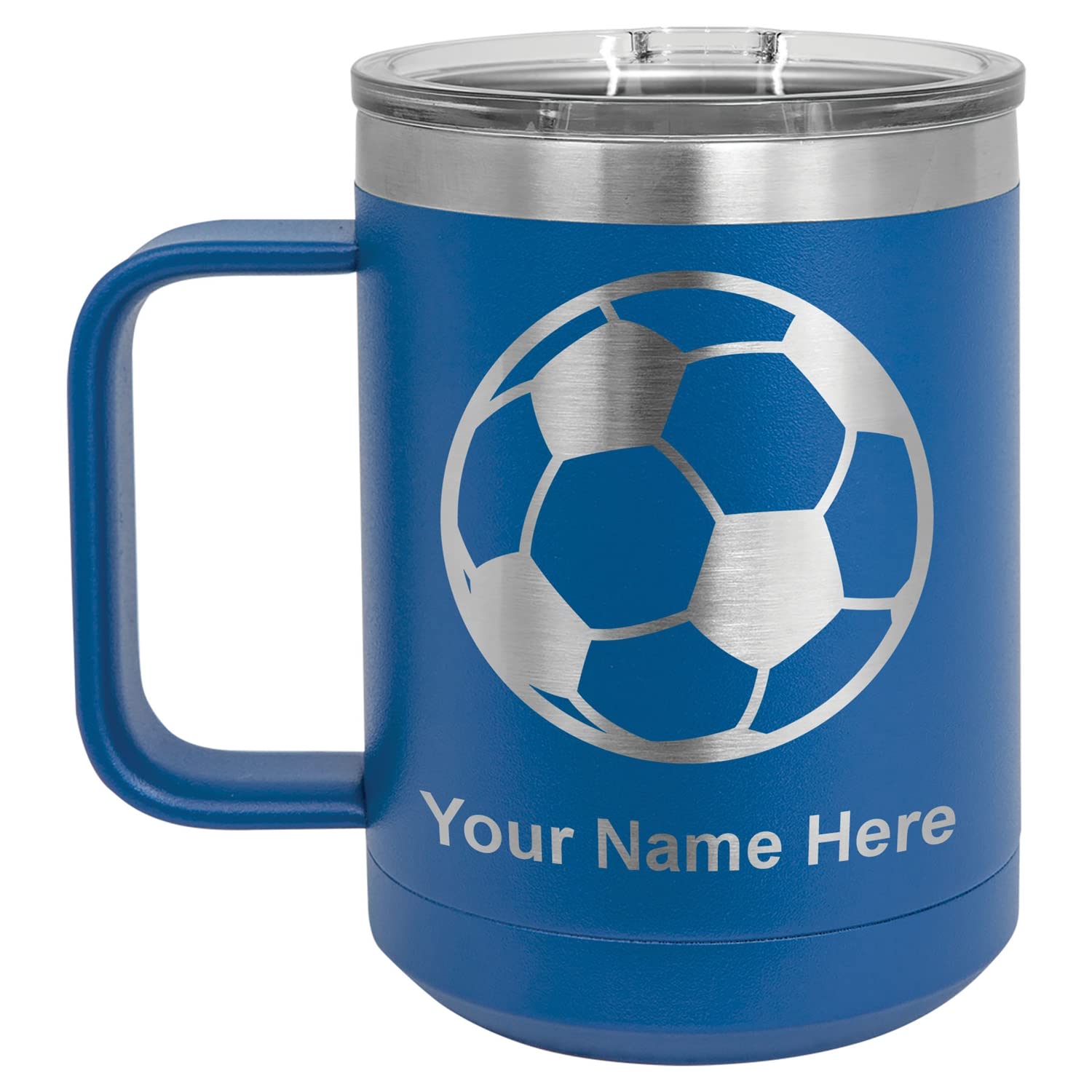 LaserGram 15oz Vacuum Insulated Stainless Steel Coffee Mug with Soccer Ball Design - Personalized Engraving Included (Dark Blue) - Perfect for Hot & Cold Drinks, Office, Travel & Sports Fans Gift