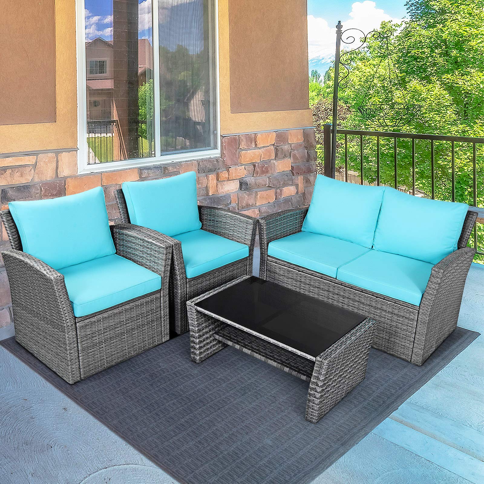 HAPPYGRILL 4-Piece Outdoor Rattan Patio Furniture Set with Cushions & Coffee Table - Wicker Sectional Sofa Conversation Set for Garden, Porch, Balcony, Poolside - Perfect for Relaxing, Entertaining & Outdoor Lounging