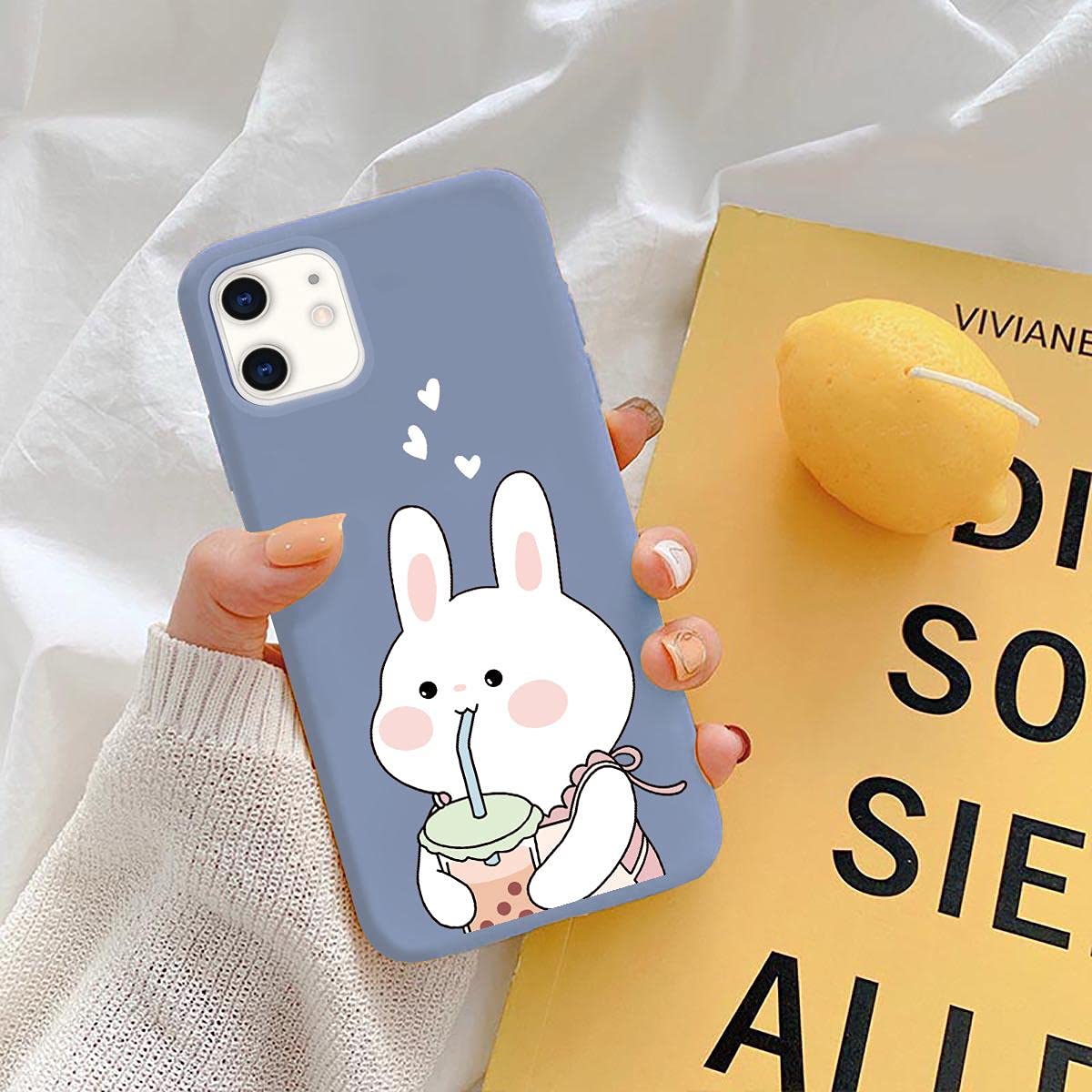Kawaii Bunny iPhone 13 Case - Pearl Milk Tea Blue Liquid Silicone Soft Gel Rubber Phone Cover for Women & Girls | Cute Protective Case for Everyday Use, School & Work