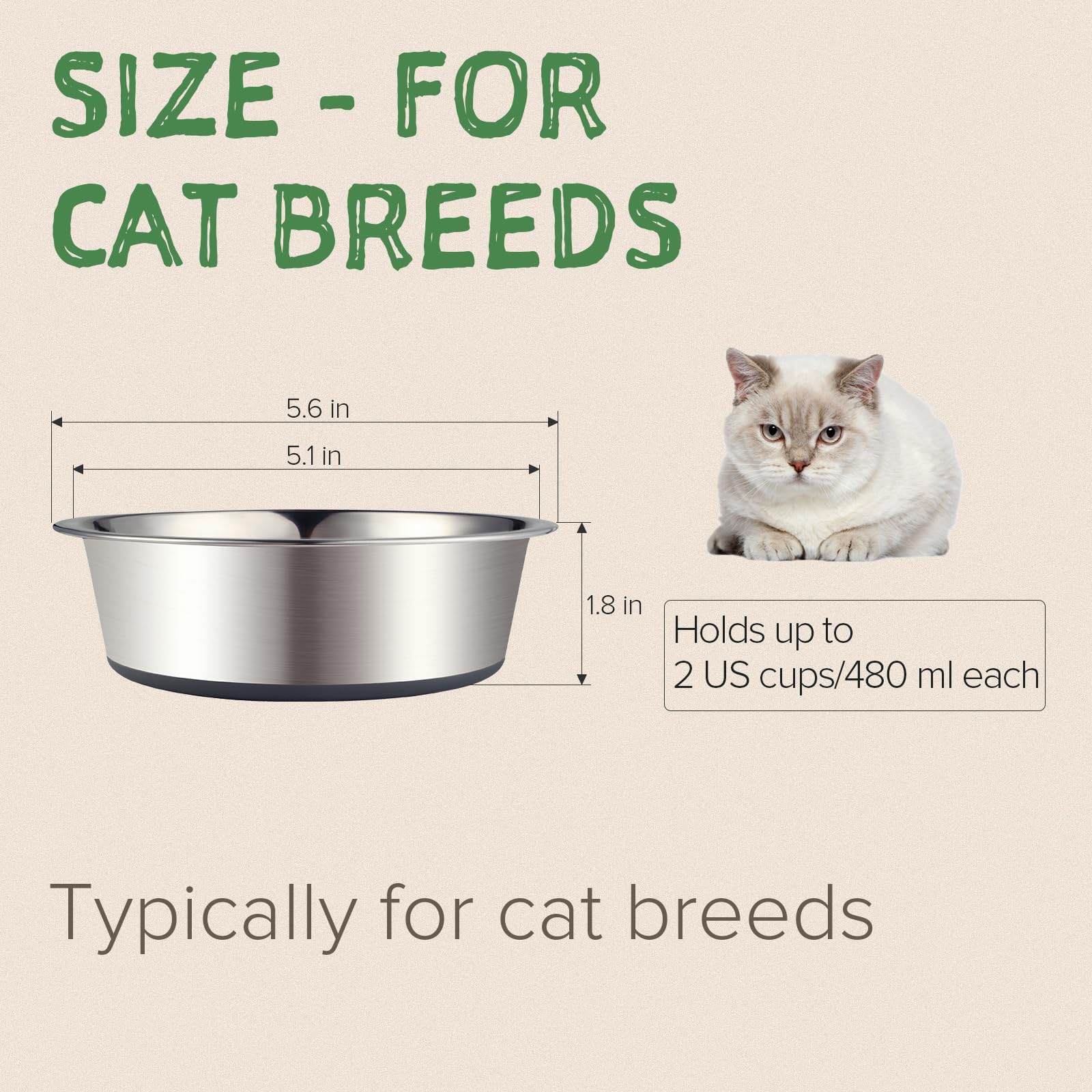 Premium Stainless Steel Cat Bowls 2-Pack - Non-Slip Rubber Base, Dishwasher Safe, Easy Clean 2-Cup Pet Food & Water Dishes - Perfect for Kittens & Adult Cats at Home or Travel