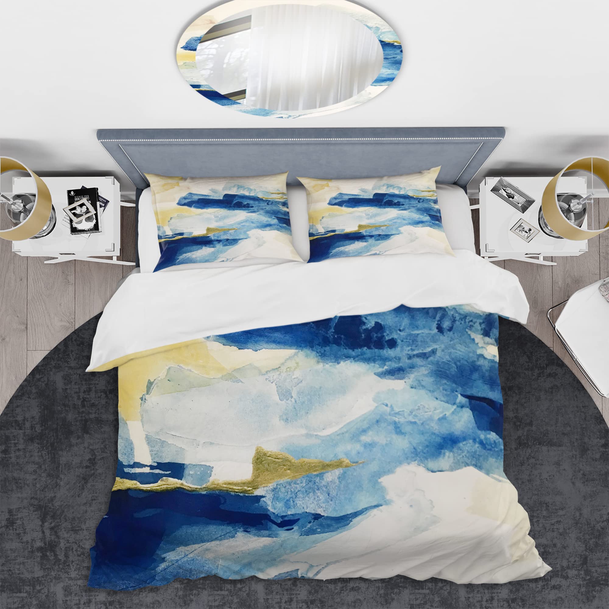Metallic Gold Indigo Duvet Cover Set King - Modern Abstract Bedding for All Seasons