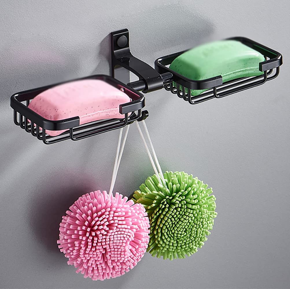 Rustproof Adhesive Wall Mounted Soap Dish & Sponge Holder with Hook for Bathroom, Shower, Kitchen - No Drilling Needed, Gold Finish | Perfect for Organizing Bar Soap, Sponges & Small Bath Accessories