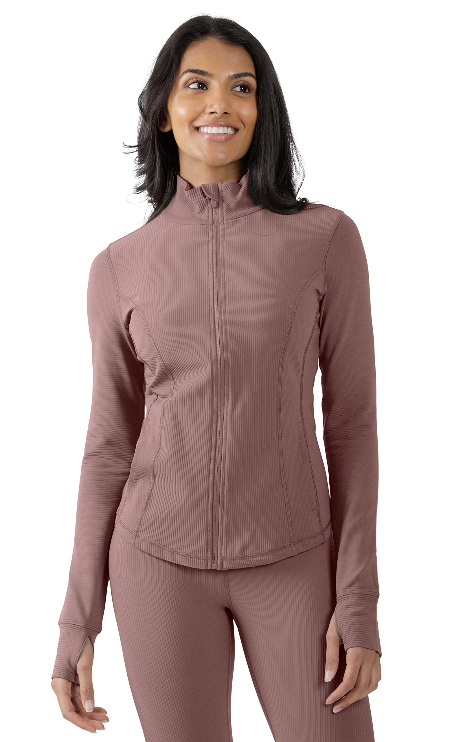 90 Degree By Reflex Women's High Neck Ribbed Performance Spring Jacket with Thumbholes - Lightweight Workout & Running Jacket for Yoga, Gym & Outdoor Activities