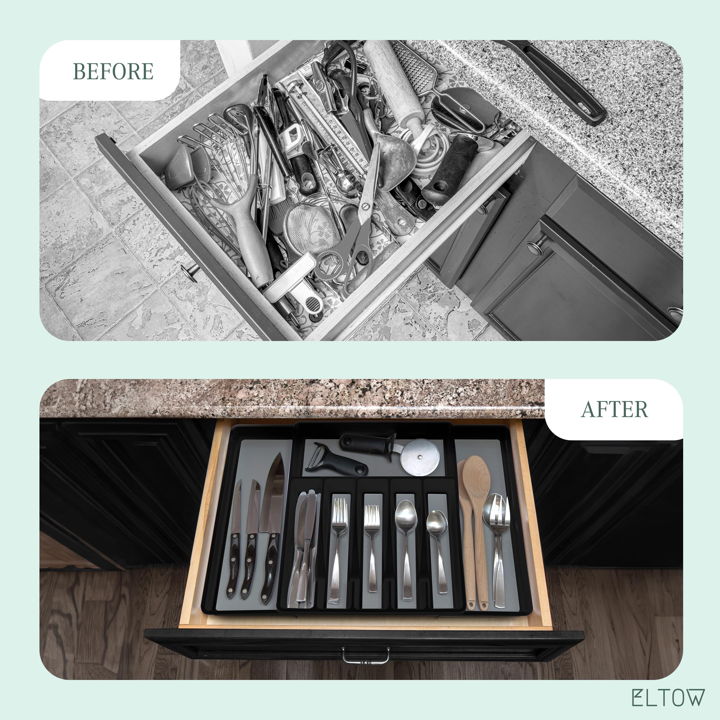 ELTOW Large Expandable Silverware Drawer Organizer - 8 Compartment Non-Slip Adjustable Kitchen Utensil Organizer for Forks, Spoons, Knives - Perfect for Kitchen Drawer Organization & Cutlery Storage (Black)