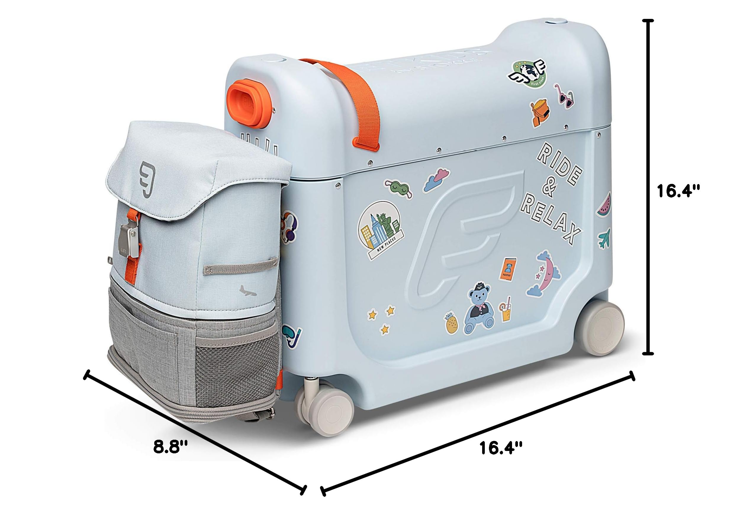 JetKids Stokke Travel Bundle for Toddlers 2-7 Years (77 lbs) - Blue Ride-On Suitcase with BedBox & Backpack - Airplane Essentials for Kids Travel, Road Trips & Family Vacations