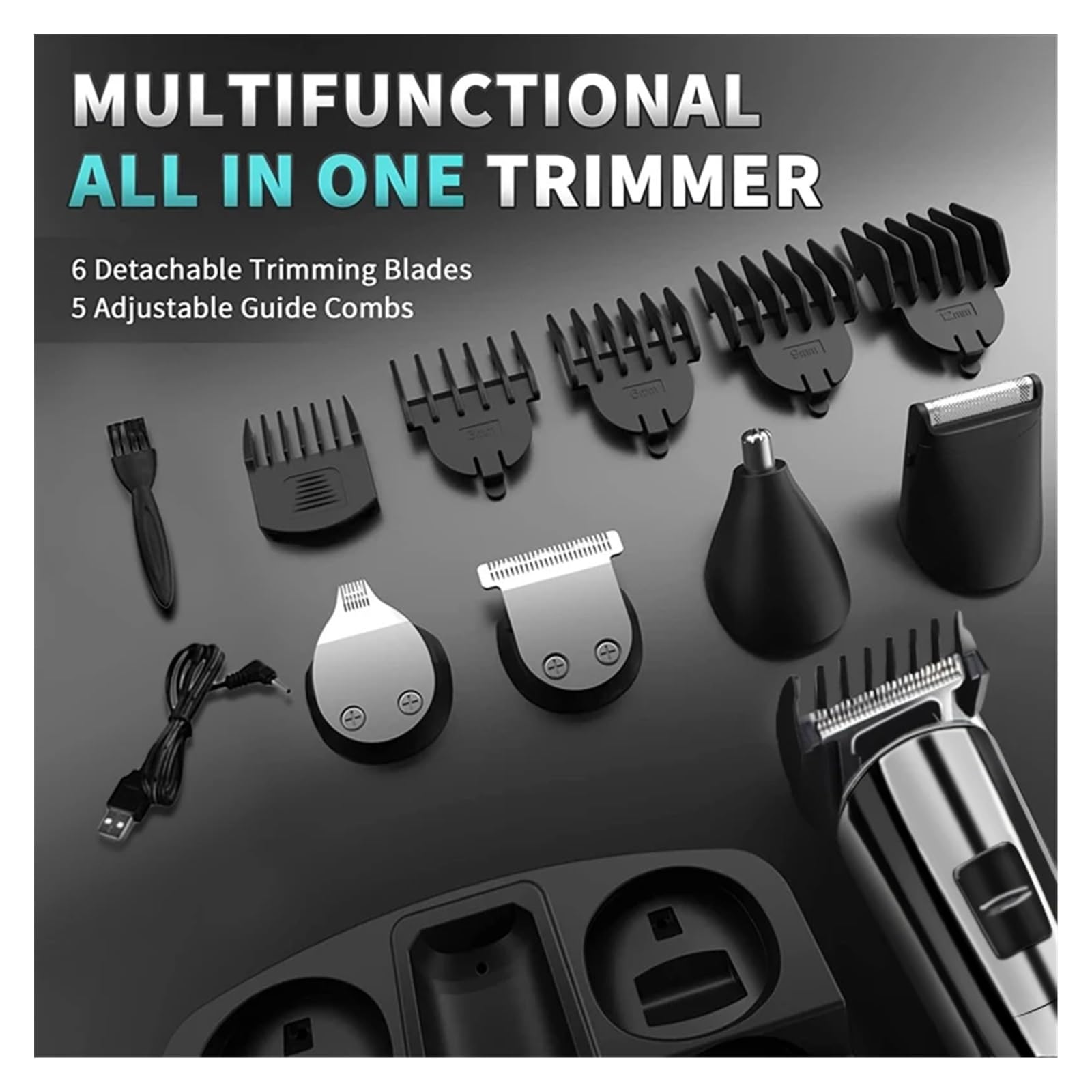 5-in-1 Rechargeable Men's Beard Trimmer & Nose Hair Clipper - Electric Shaver with Scissor Set for Professional Grooming at Home or Travel