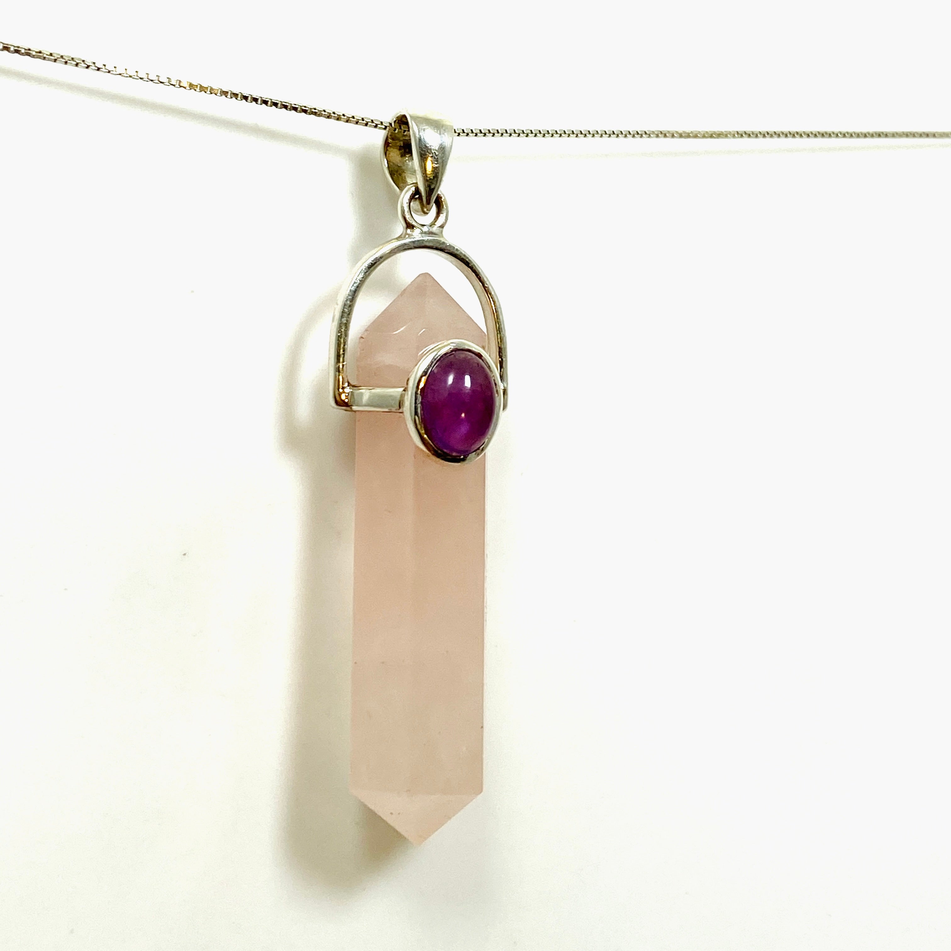Natural Rose Quartz Double Point Pendant Necklace with Amethyst Accent Stone - PPGJ1023 | Healing Crystal Jewelry for Meditation, Energy Balancing & Spiritual Gifts