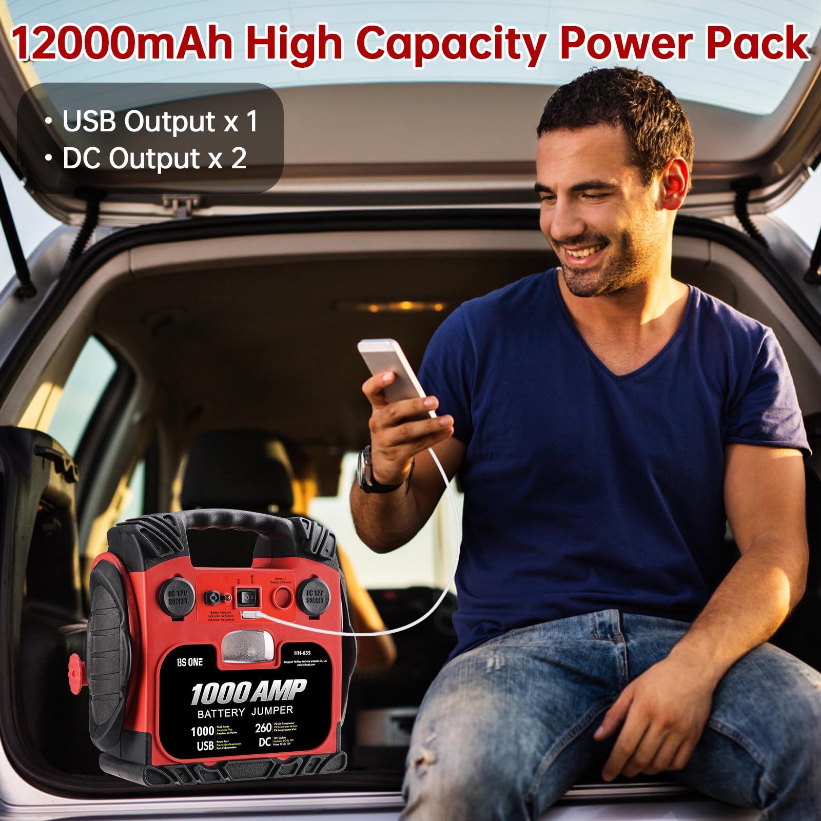 BS ONE 1000A Peak Car Jump Starter with 260PSI Air Compressor - 12V Portable Battery Booster for Dead Lead Acid Batteries, Includes LED Light & USB Output - Ideal for Emergency Roadside Assistance & Camping Power Supply