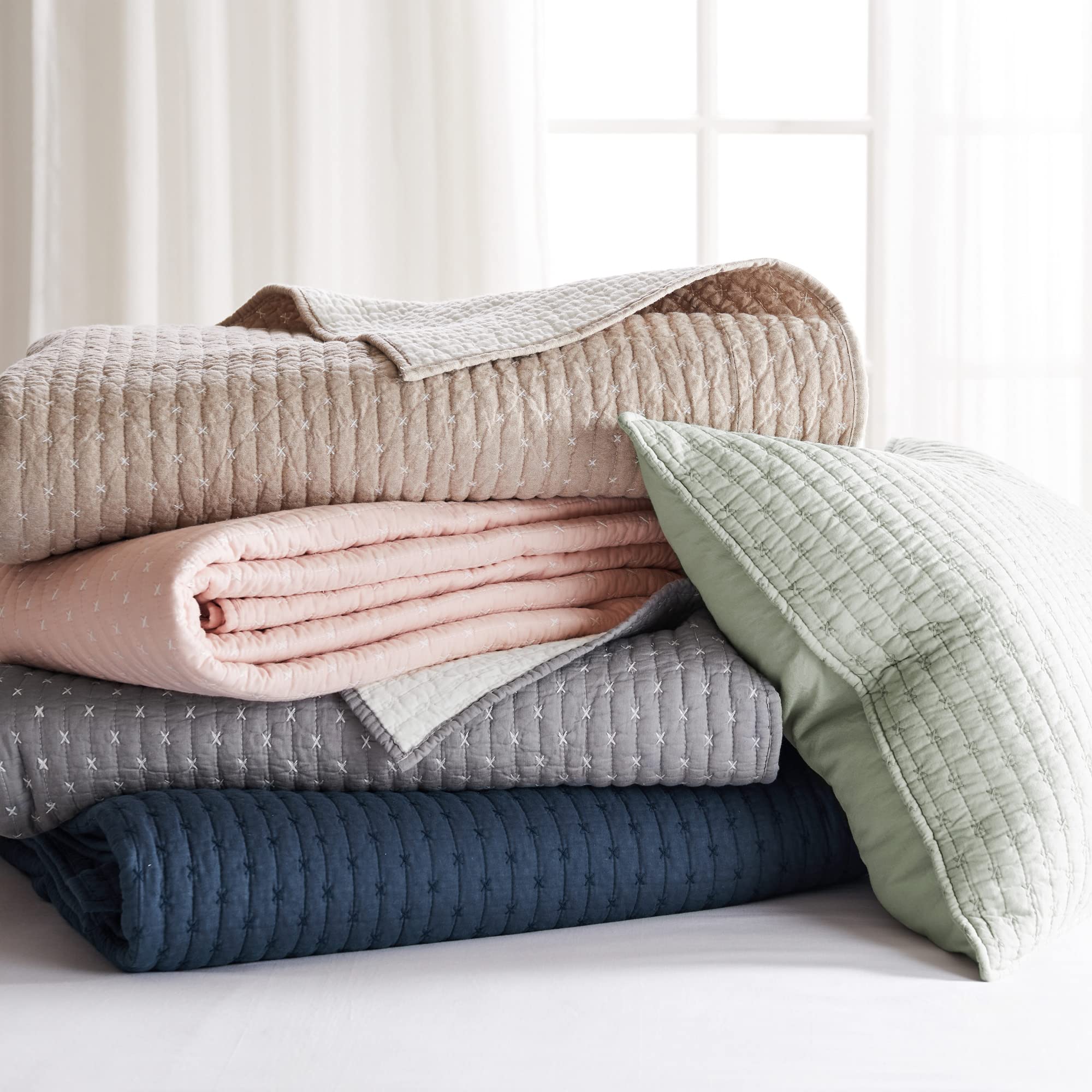 Levtex Home King Size Taupe Cross Stitch Quilted Bedspread Set with 2 Shams - 120x104 Inch Bedspread & 20x36 Inch Shams - Soft Cotton Bedding for Cozy Bedroom Decor - Perfect for Master Bedrooms, Guest Rooms & Farmhouse Style Homes