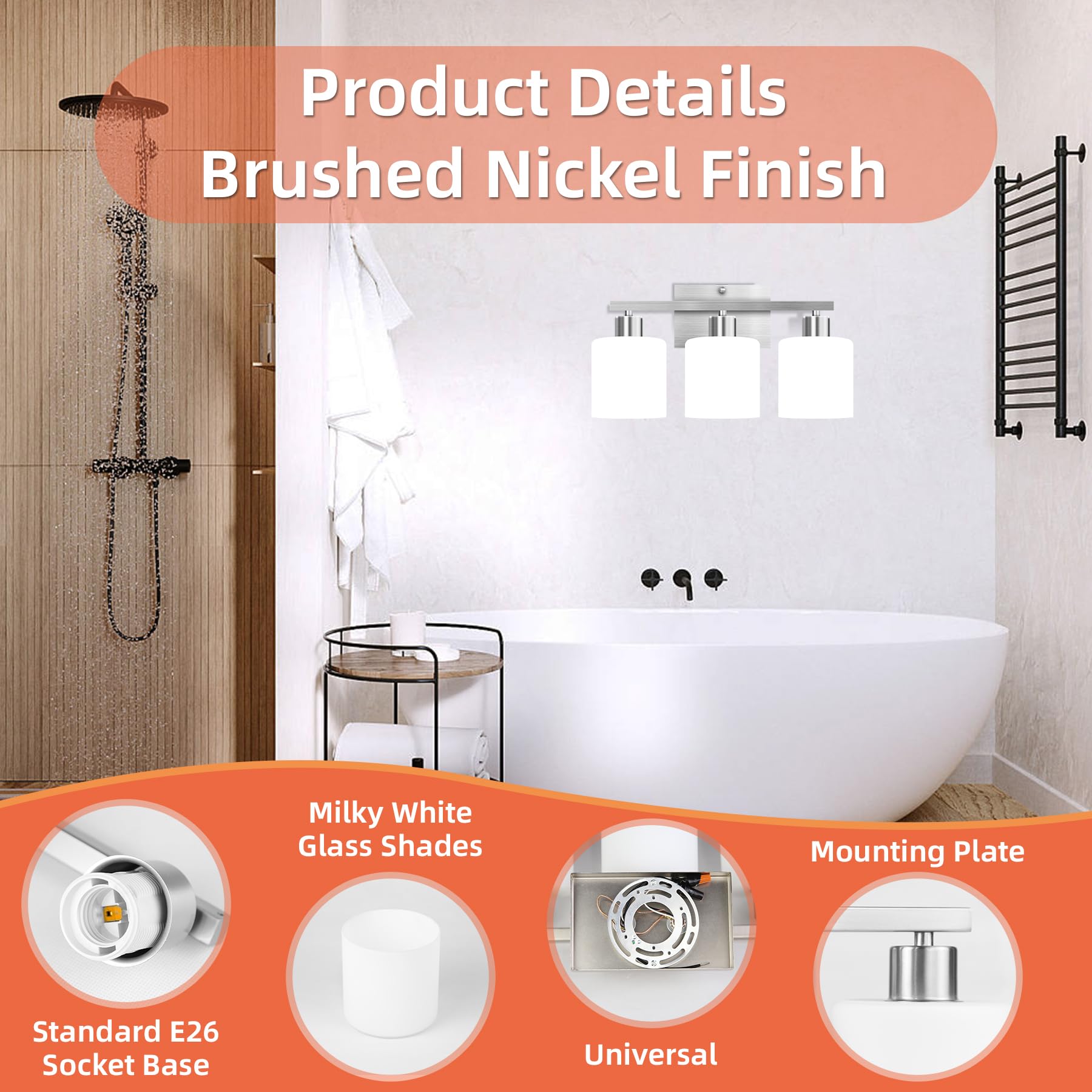 Modern 3-Light Bathroom Vanity Light Fixture - Brushed Nickel Finish with Milky White Glass Shades, E26 Socket (Bulbs Not Included) - Perfect for Bedroom, Living Room & Bathroom Lighting Upgrade