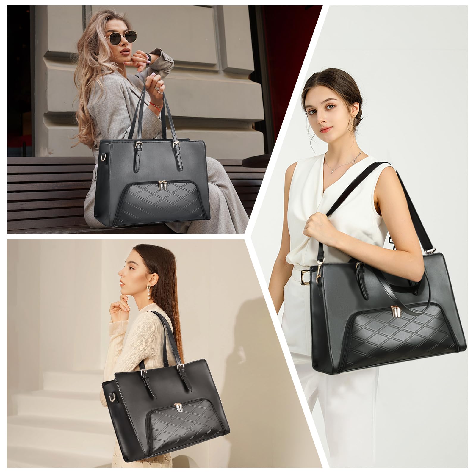 BERTASCHE 15.6 Inch Laptop Tote Bag for Women - PU Leather Waterproof Work Bag with Insulated Lunch Compartment - Business Briefcase & Office Shoulder Handbag - Perfect for Commuting, Business Travel & Work Essentials (Black)