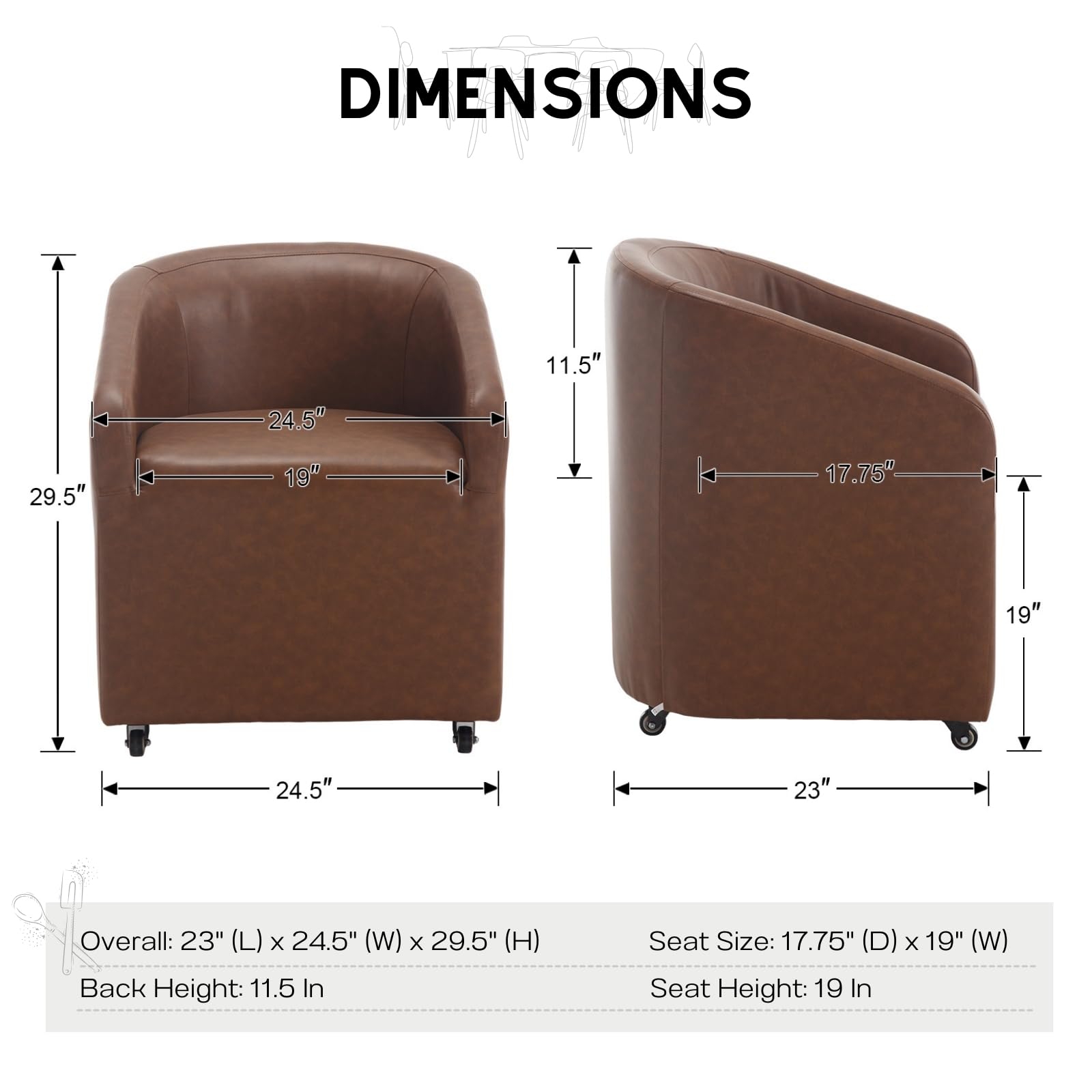 Modern Swivel Barrel Dining Chairs Set of 2 - PU Leather Upholstered Kitchen Counter Stools with Casters - Accent Side Chairs for Dining Room, Living Room & Home Office - Brown (Perfect for Breakfast Nooks, Kitchen Islands & Small Space Dining)