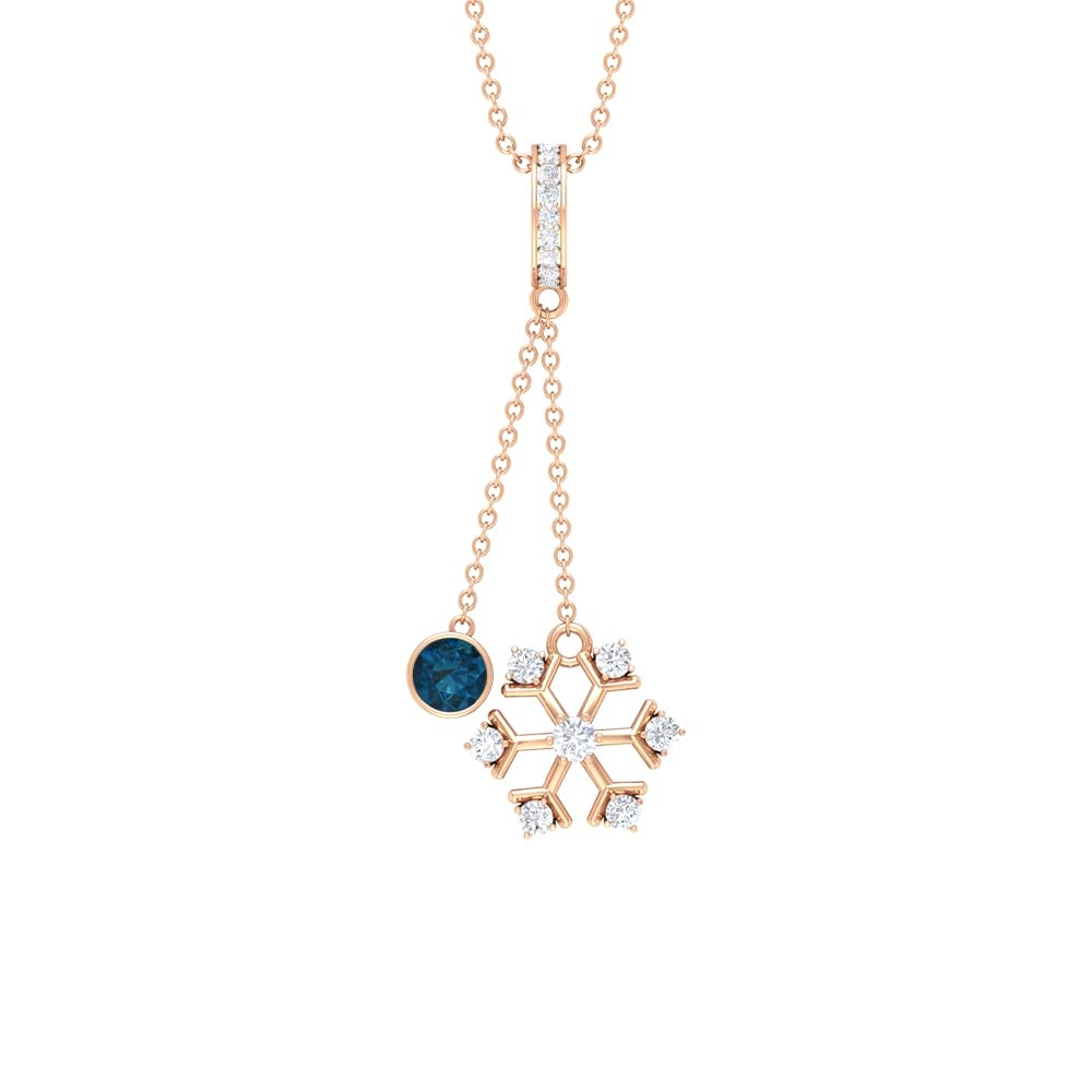 December Birthstone Necklace - 1/2 CT London Blue Topaz & Diamond Snowflake Pendant in 14K Solid Gold | Elegant Holiday Gift for Women, Christmas Party Jewelry