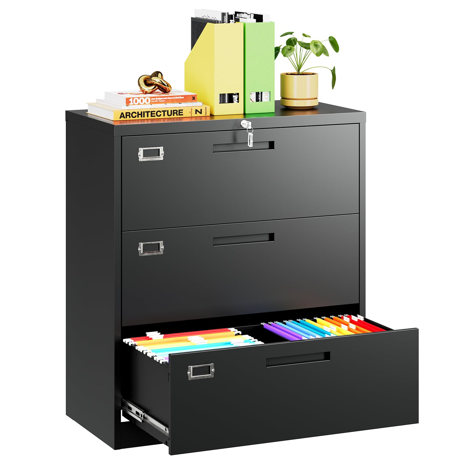 MIIIKO 3-Drawer Lateral File Cabinet - Locking Metal Filing Cabinet for Home Office, Large Storage Organizer for Hanging File Folders, Easy Assembly - Perfect for Document Storage & Office Organization
