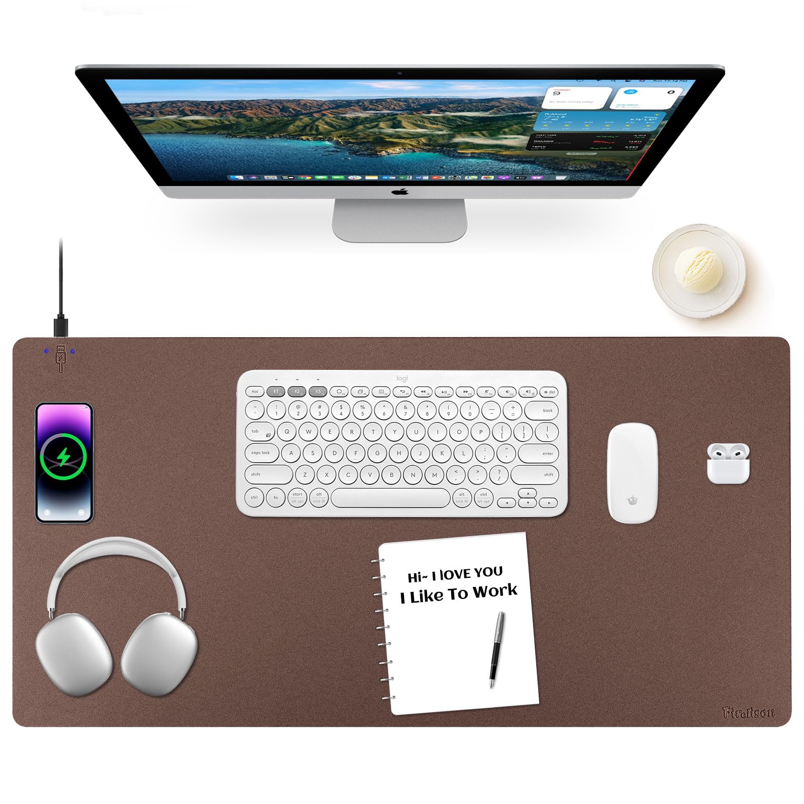 Firelison 2-in-1 Wireless Charging Mouse Pad - Leather Desk Mat with Non-Slip Rubber Base, Waterproof Office Desk Pad for Computer, Work & Home Decor (32