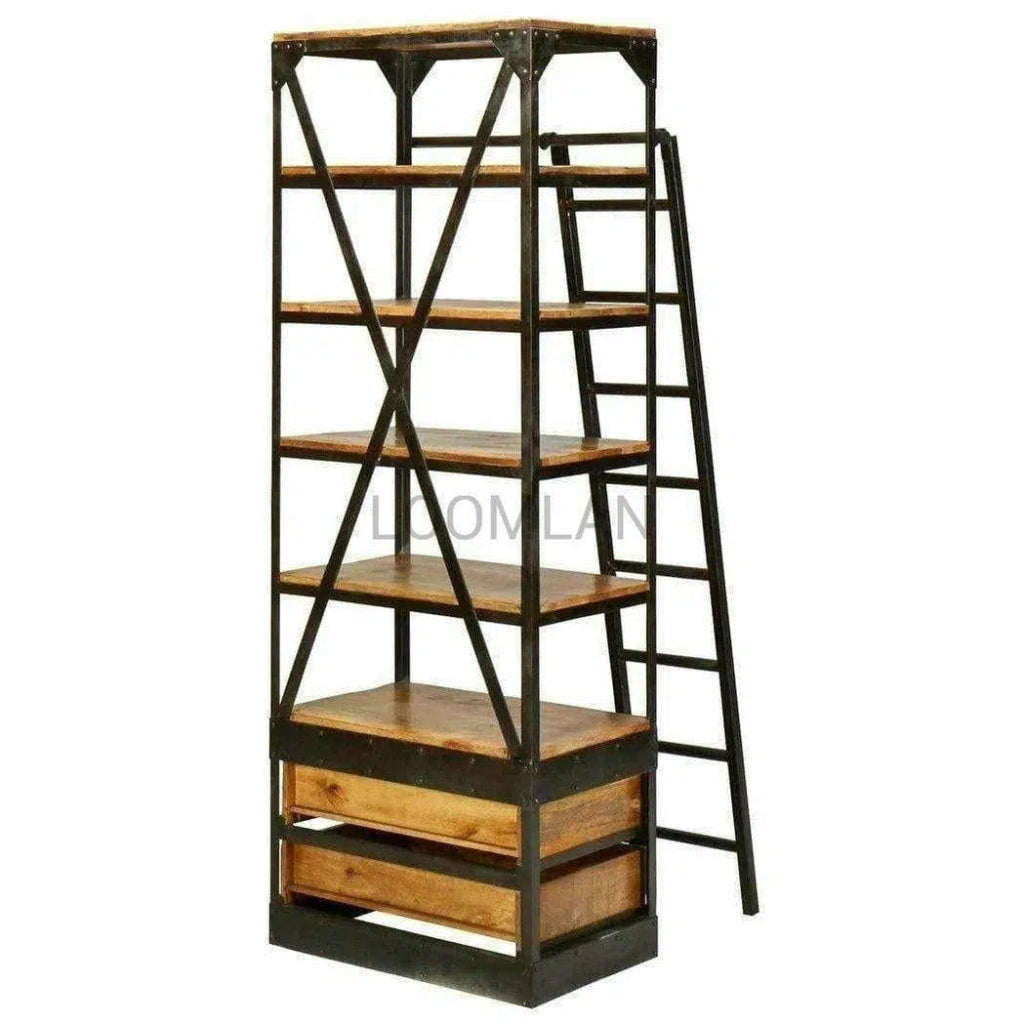 80x32 Inch Industrial Style Library Bookcase with Ladder - Sturdy Wooden Bookshelf for Home Office, Study Room or Classroom Storage Organization