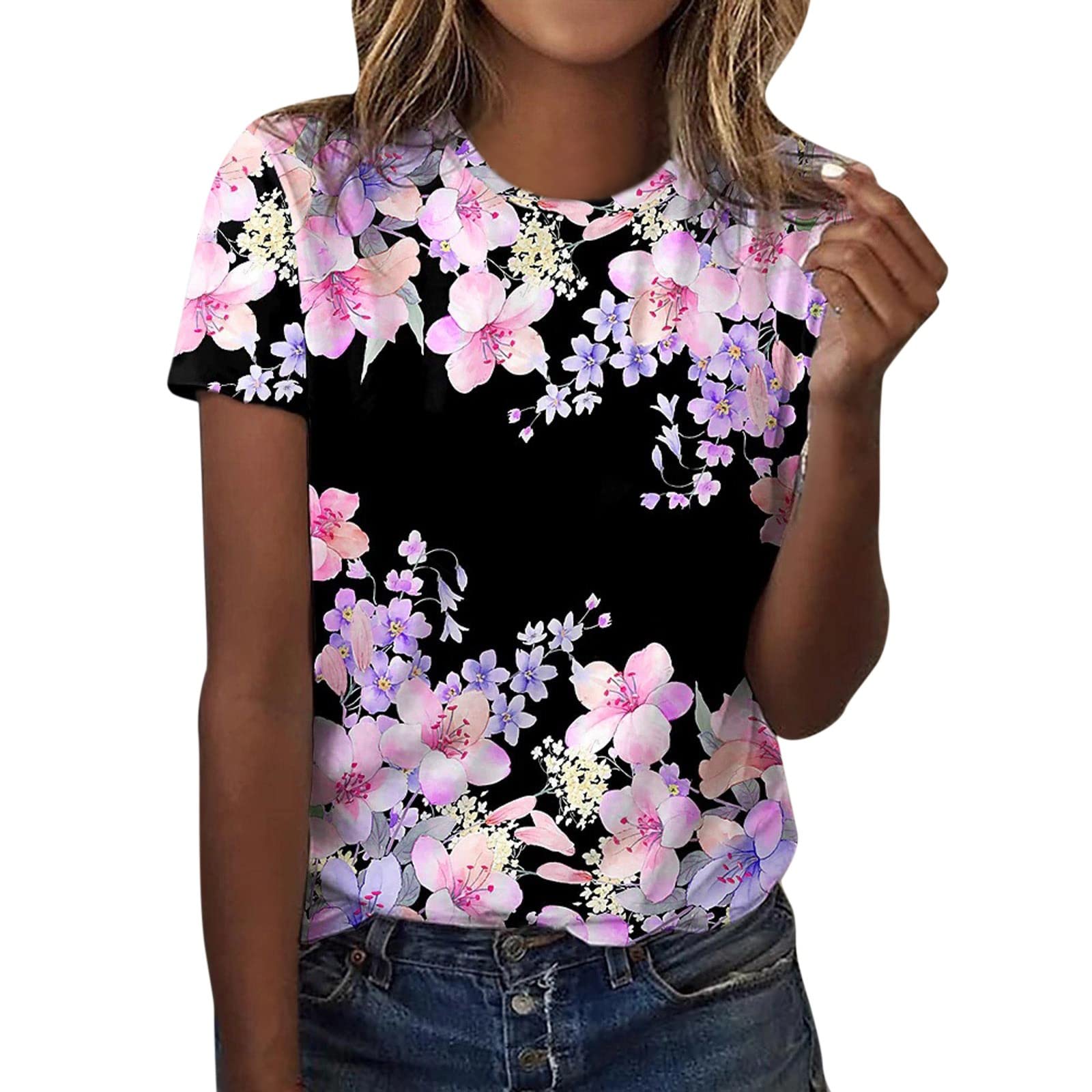 YOYORI Women's Summer Floral Printed Short Sleeve T-Shirt - Crew Neck Casual Top, Plus Size Tee (Pink, Large) | Perfect for Beach Outings, Picnics & Everyday Wear