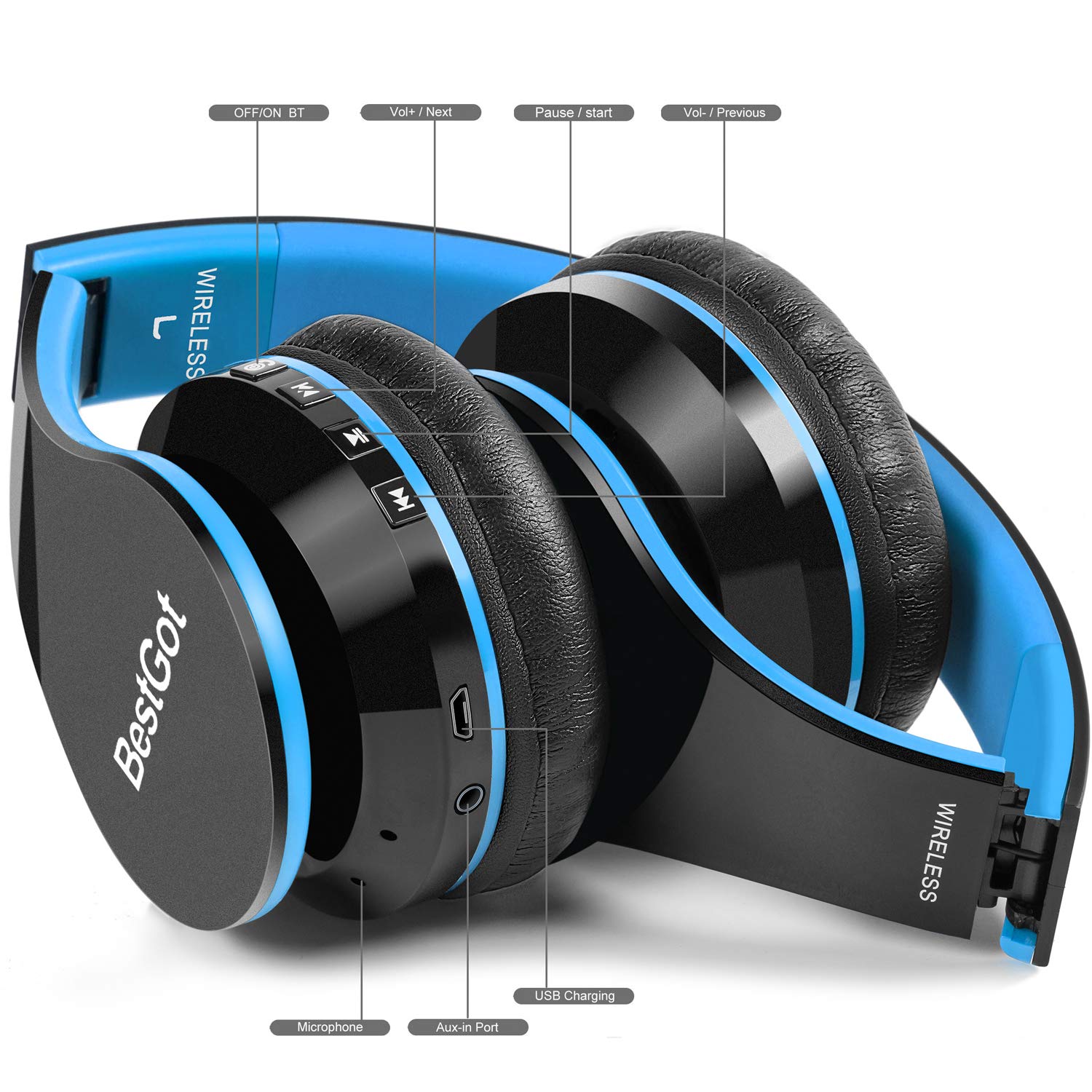 BestGot BT6002 Kids Bluetooth Headphones - Wireless Foldable Headset for Boys & Girls, Compatible with iPhone, Android, iPad, PC, Laptop, Tablet - Perfect for Online Classes, Gaming, Travel & Home Use (Black/Blue)