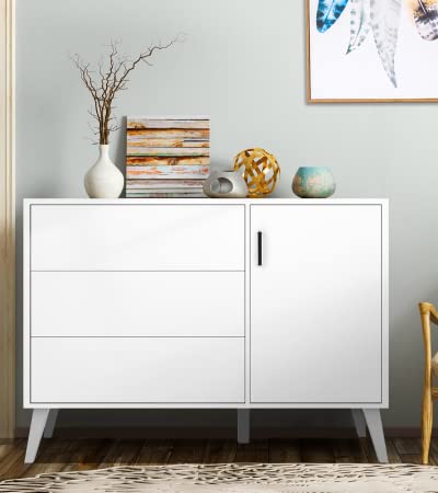 Modern White 3-Drawer Wood Dresser with Door & Wide Press-Control Drawers - Large Storage Chest for Bedroom, Living Room, Nursery, Hallway & Entryway - Perfect for Organizing Clothes, Toys & Home Essentials