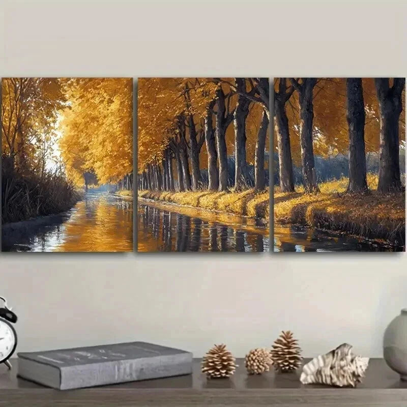 3-Piece Golden Autumn River Trees Wall Art Set - Framed Canvas 50x70cm (20x28in) - High Quality Print - 100% Australian Made - Ready to Hang - Perfect for Living Room, Bedroom & Office Decor