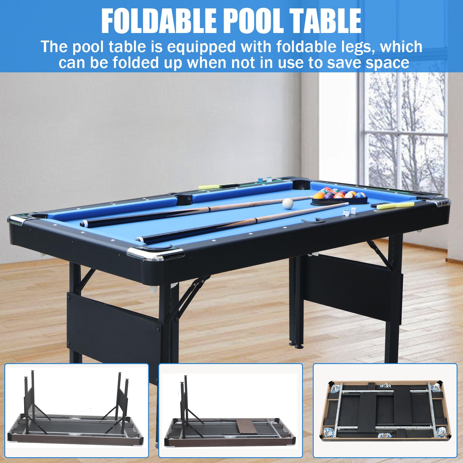 BOSTANA 5.5 ft Foldable Pool Table Set with Balls, Cues, Chalks & Brush - Portable Billiard Table for Home Game Room, Family Entertainment & Party Fun - Perfect for Adults & Kids Indoor/Outdoor Use