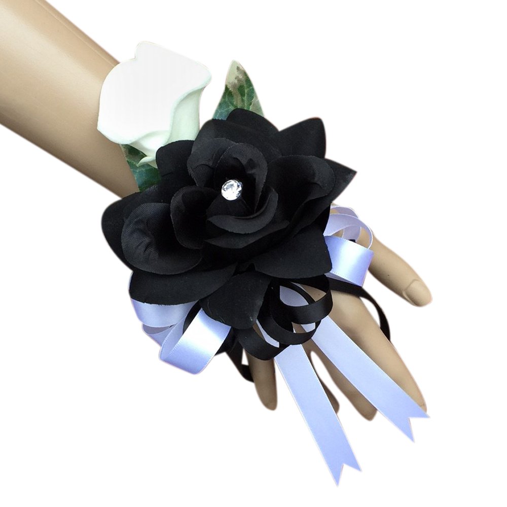 Angel Isabella Wrist Corsage - Elegant Calla Lily & Black Rose Floral Bracelet for Prom, Wedding, Quinceañera & Special Occasions
