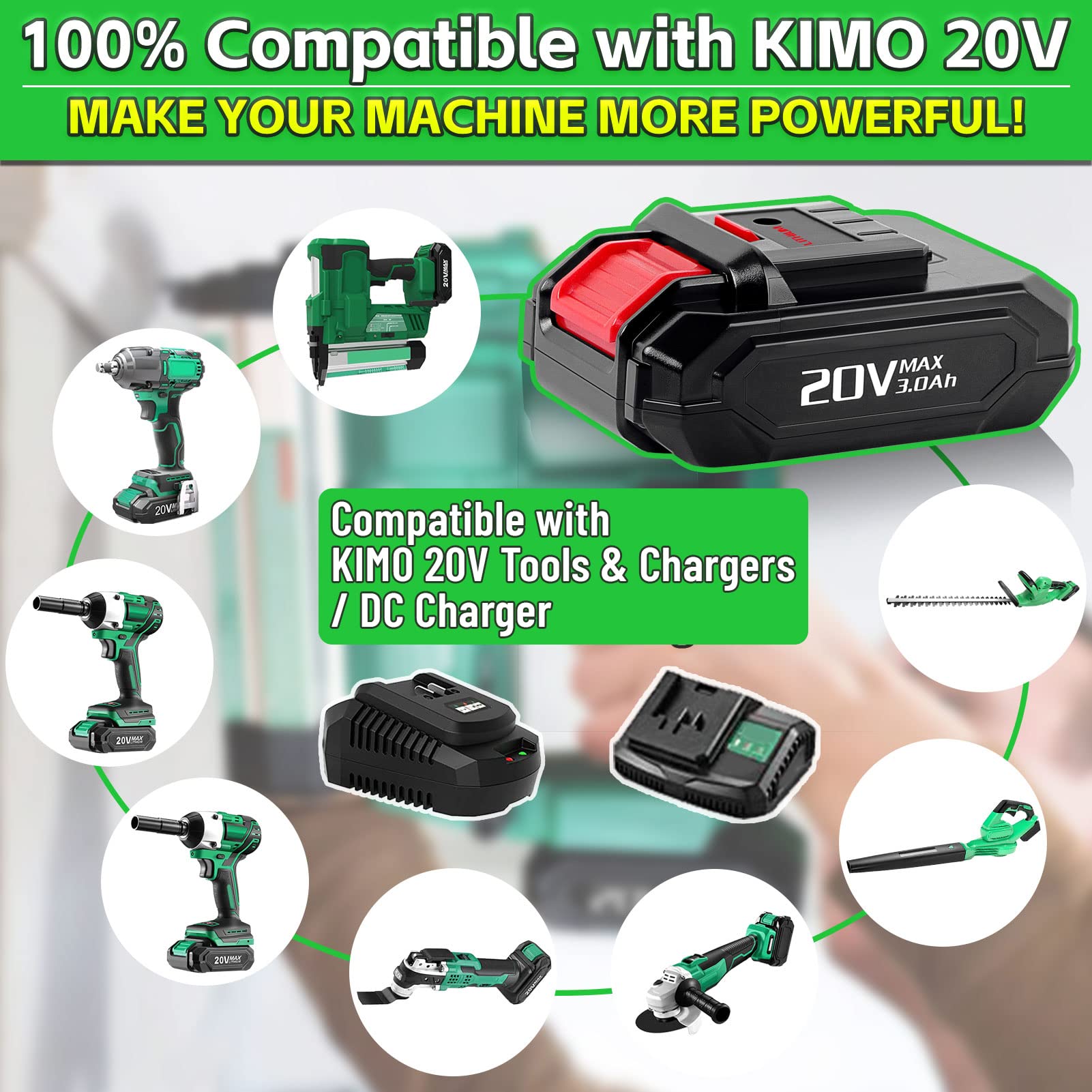 Upgraded 2 Pack 3000mAh Replacement Battery for KIMO 20V Lithium Battery - Compatible with KIMO 20V Cordless Blower, Wrench, Nailer, Drill - Perfect for DIY Projects, Home Repairs, and Professional Construction Work