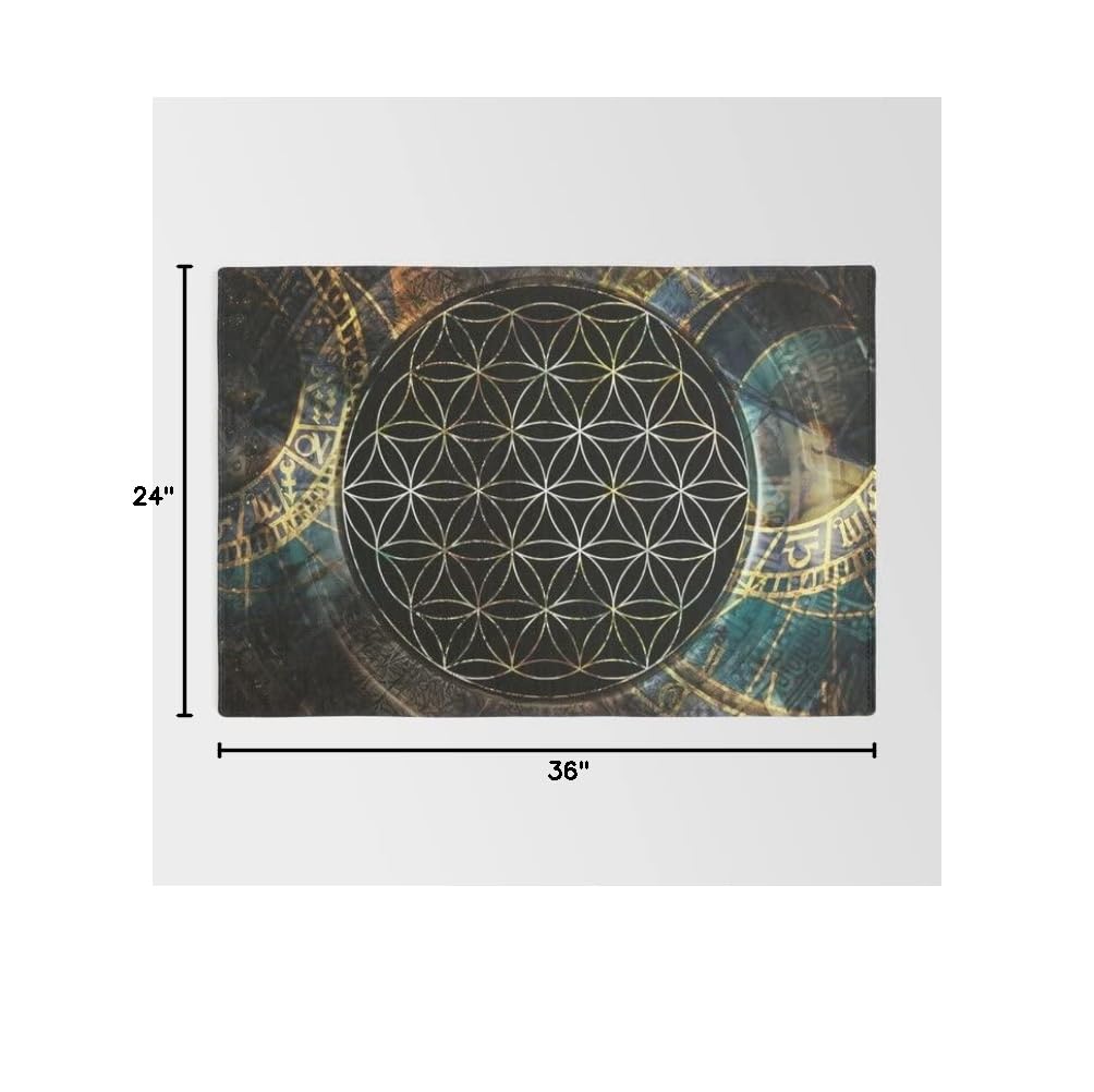 Flower of Life Sacred Geometry Area Rug - Black Spiritual Floor Rug in 2x3, 4x6, 5x7, 8x10, 9x12 Sizes - Gold Zodiac Decor for Meditation Room, Yoga Studio & Boho Home Decor
