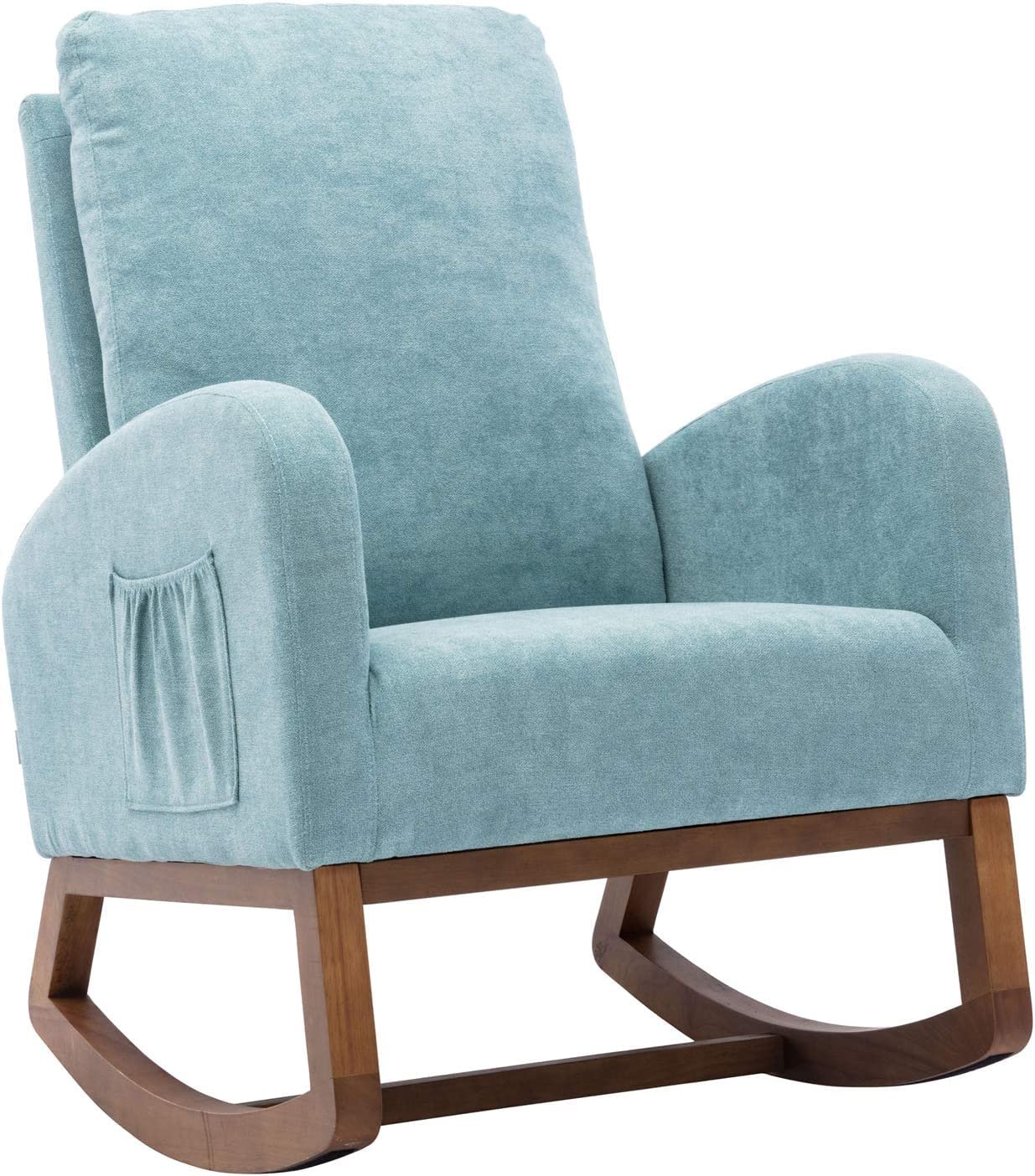 Mid-Century Modern Rocking Chair - Dolonm Upholstered Nursery Glider Rocker with Tall Back, Accent Armchair for Living Room, Nursery & Bedroom - Blue Toweling Fabric - Perfect for Relaxing, Nursing & Reading