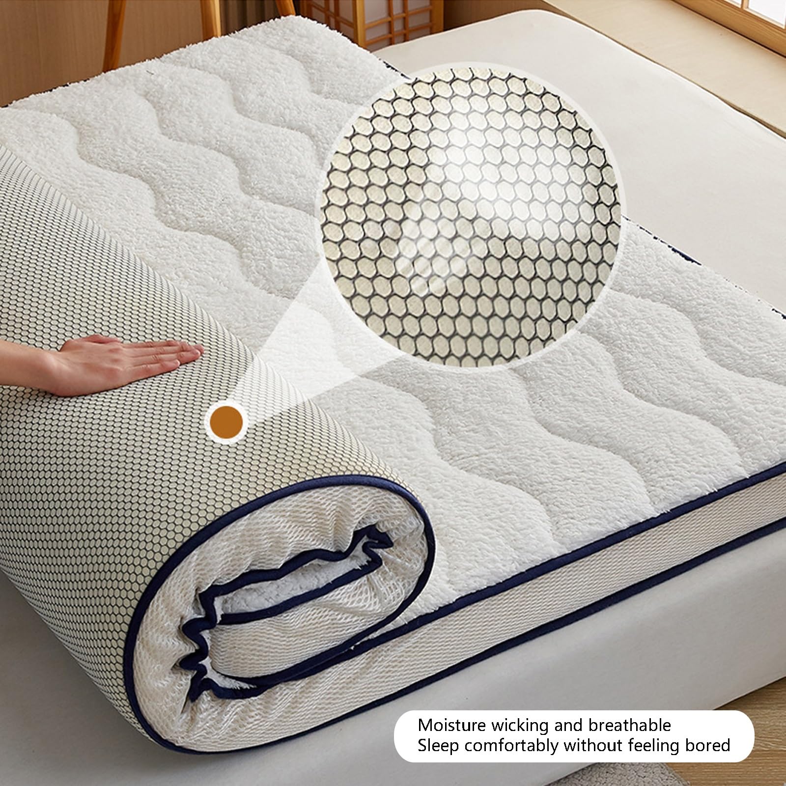 LXBche Double Portable Japanese Futon Mattress - Foldable Tatami Floor Mattress for Home, Camping & Couch - Roll Up Sleeping Pad (Lambskin Camel) | Perfect for Guest Beds, Travel & Small Spaces