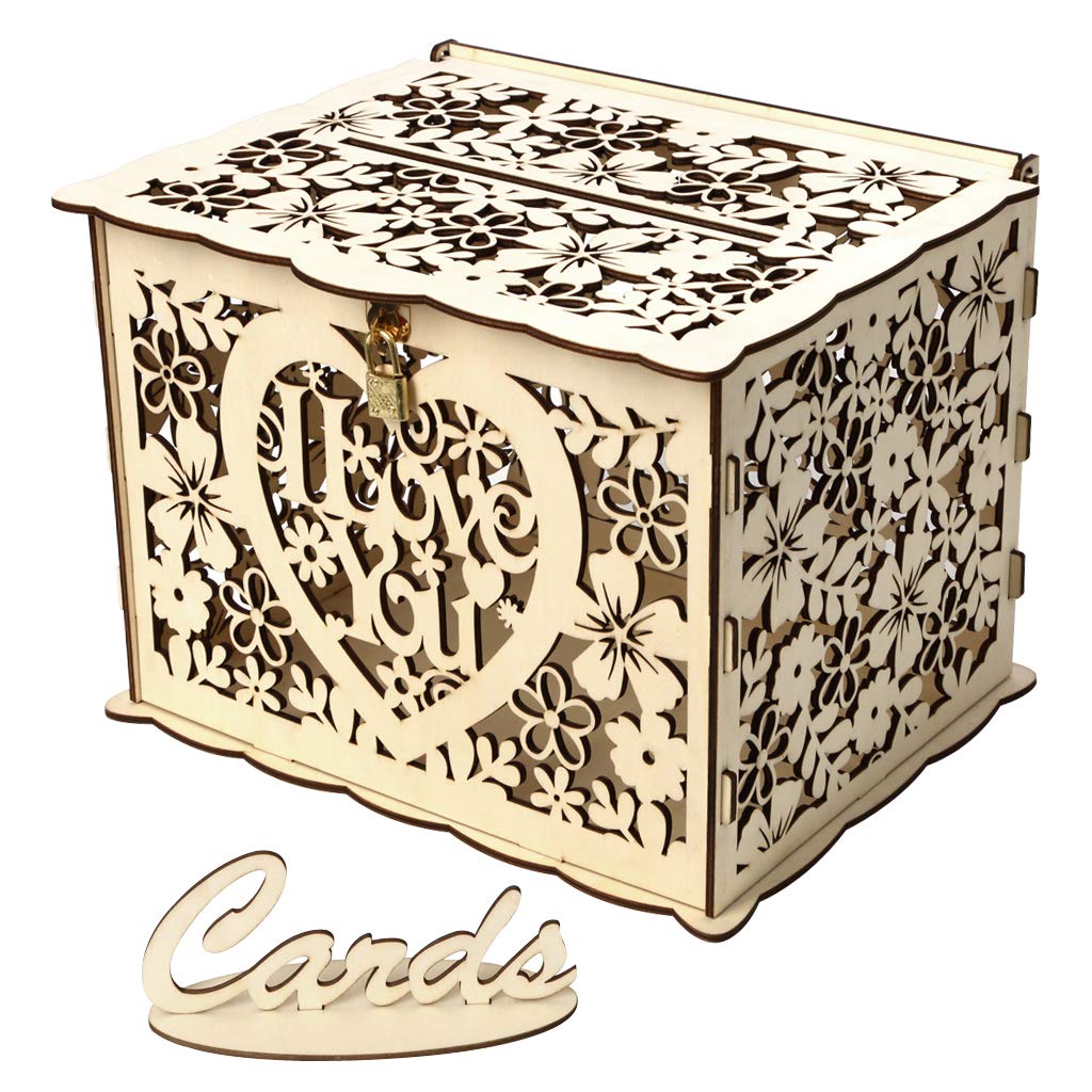 ELEOPTION Rustic Wooden Wedding Card Box with Lock - DIY Hollow Card Holder for Money & Gift Cards - Perfect for Wedding Reception, Anniversary, Baby Shower, Graduation Party & Birthday Decorations