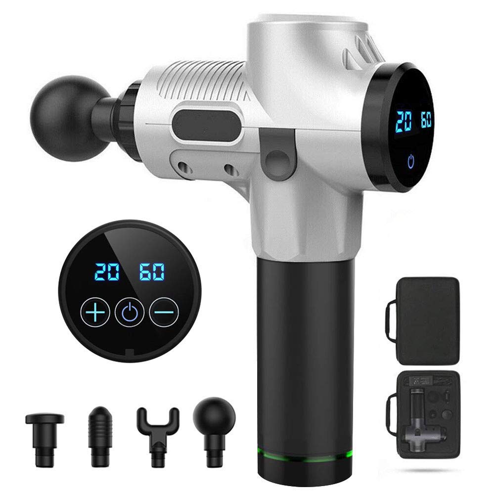 CHAW Deep Tissue Massage Gun - Electric Percussion Muscle Massager with 4 Attachments, 20 Speed Levels & LED Display for Pain Relief, Muscle Recovery - Perfect for Athletes, Gym Workouts & Post-Exercise Therapy (Silver)