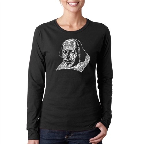 Women's Shakespeare Comedies & Tragedies Word Art Long Sleeve T-Shirt - Black X-Large - Perfect for Theater Lovers, Book Clubs & Literary Events