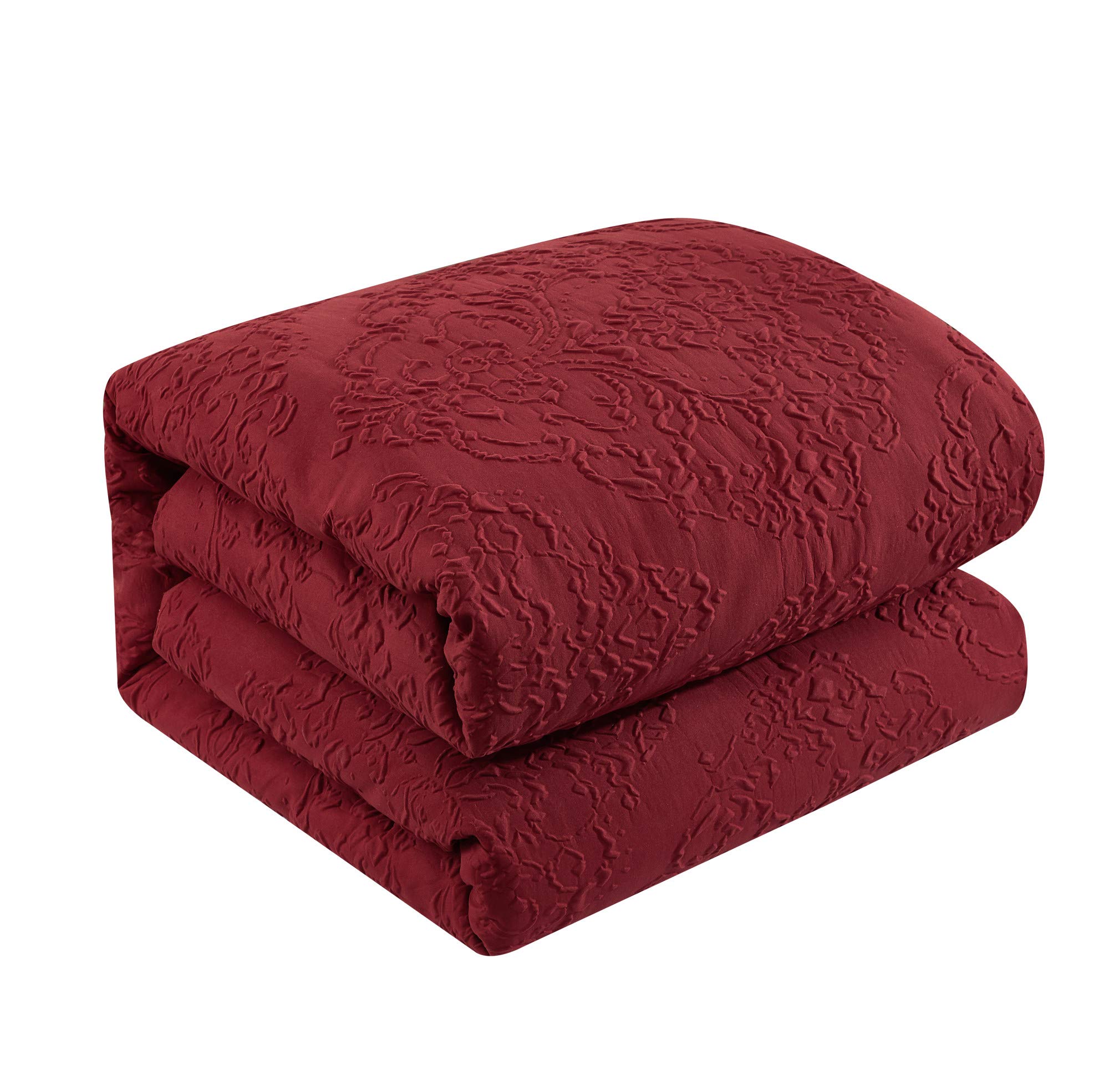 Chic Mayflower 5-Piece Queen Comforter Set with Embossed Medallion Scroll Design - Includes Decorative Pillows & Shams in Brick Red | Perfect for Master Bedroom, Guest Room & Cozy Home Decor