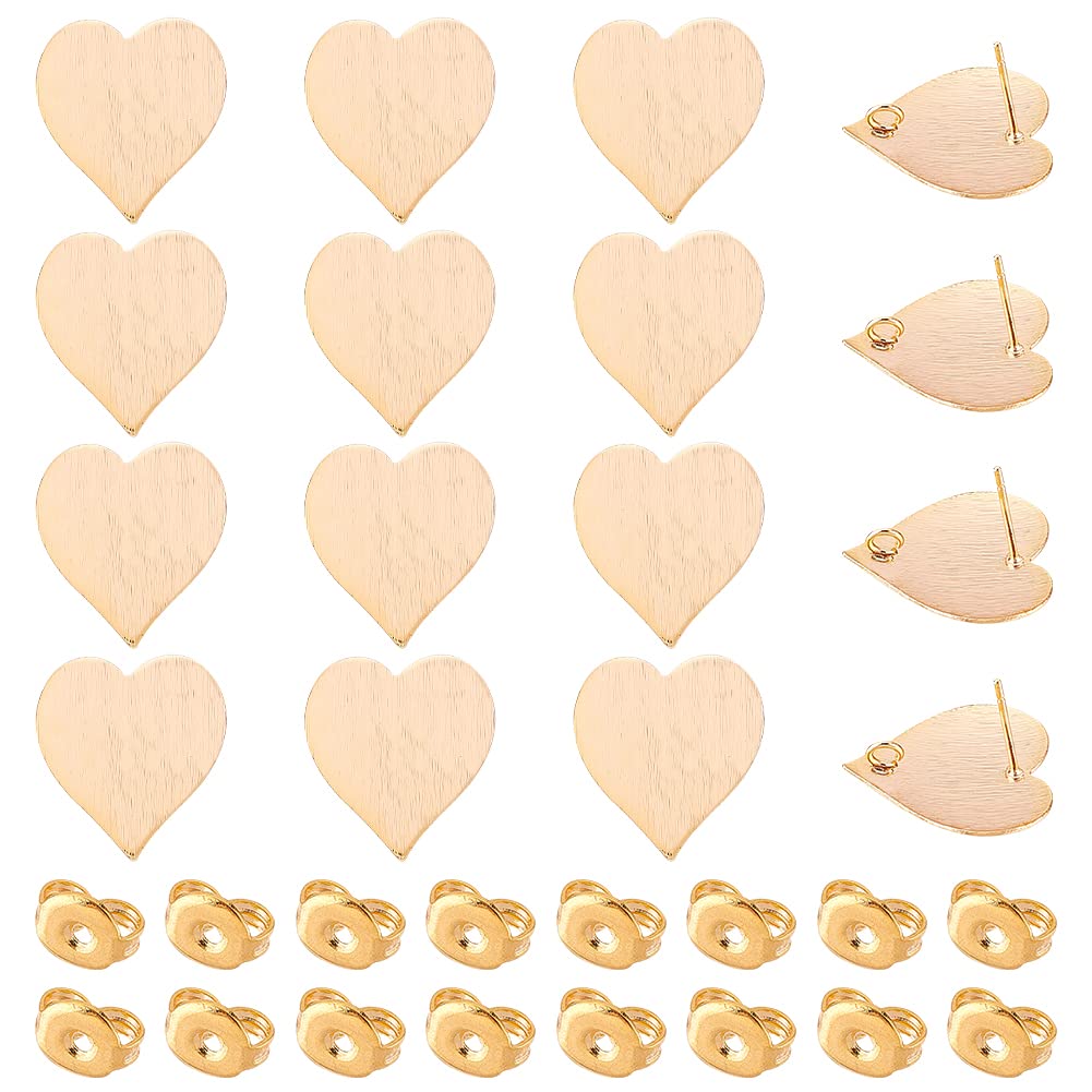 DICOSMETIC 16Pcs Heart Stud Earring Findings - Gold Plated Brass Love Ear Studs with 2.5mm Loop & Ear Nuts (0.5mm Pin) for DIY Jewelry Making, Christmas Gifts, Birthday Presents, Valentine's Day, Party Favors