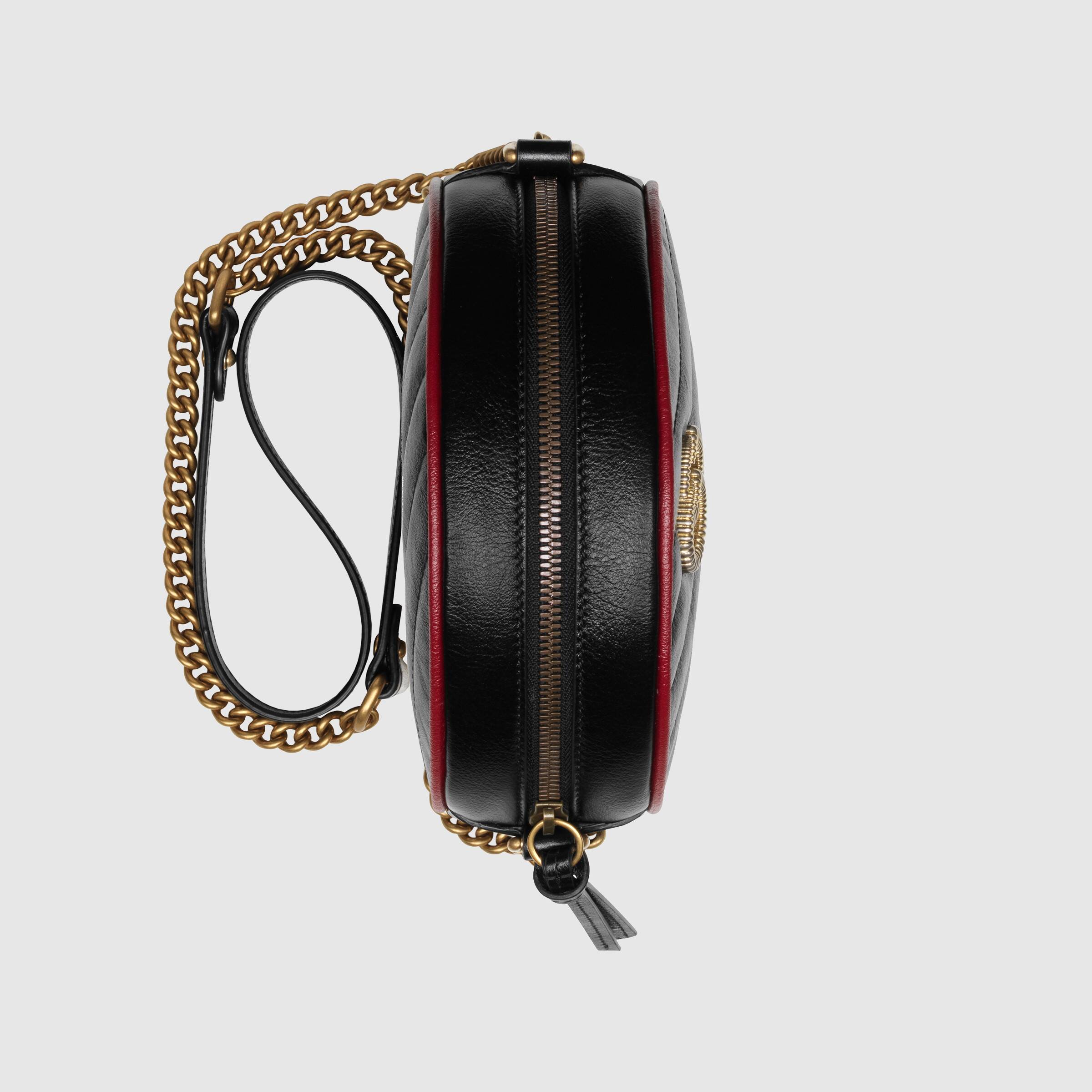Gucci GG Marmont Mini Round Shoulder Bag Black Cerise - Luxury Leather Crossbody Purse for Women, Perfect for Date Night & Evening Events